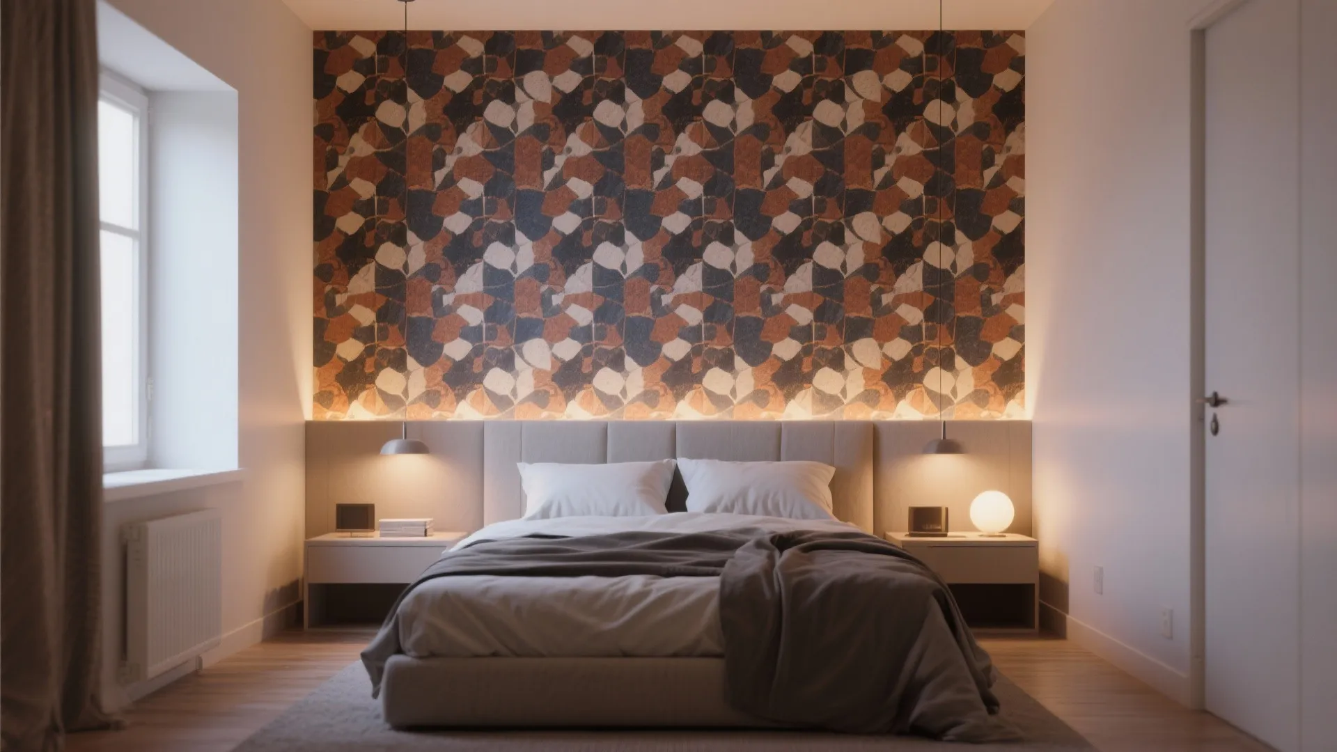 Small bedroom with bold patterned wallpaper behind bed