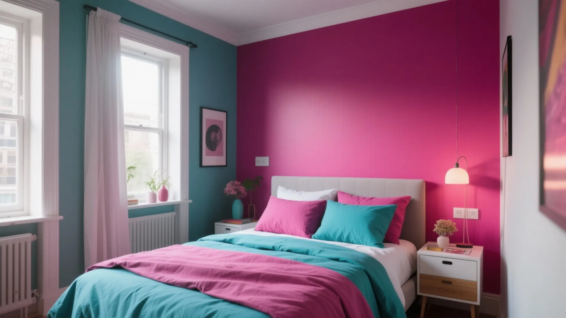 Colorful bedroom with bright pink wall teal pillows blue bedding white side tables and light