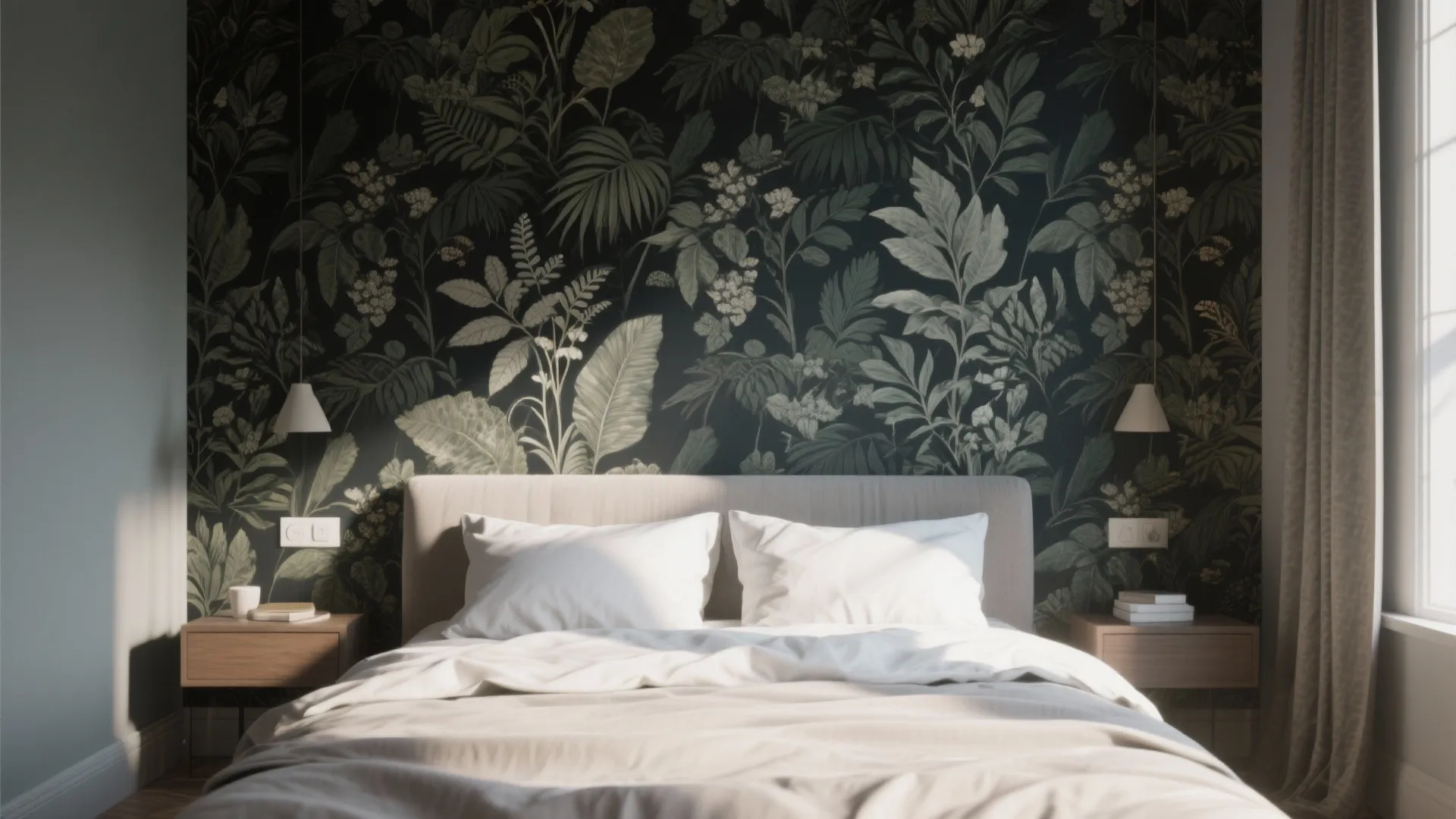 UK bedroom with botanical wallpaper behind bed