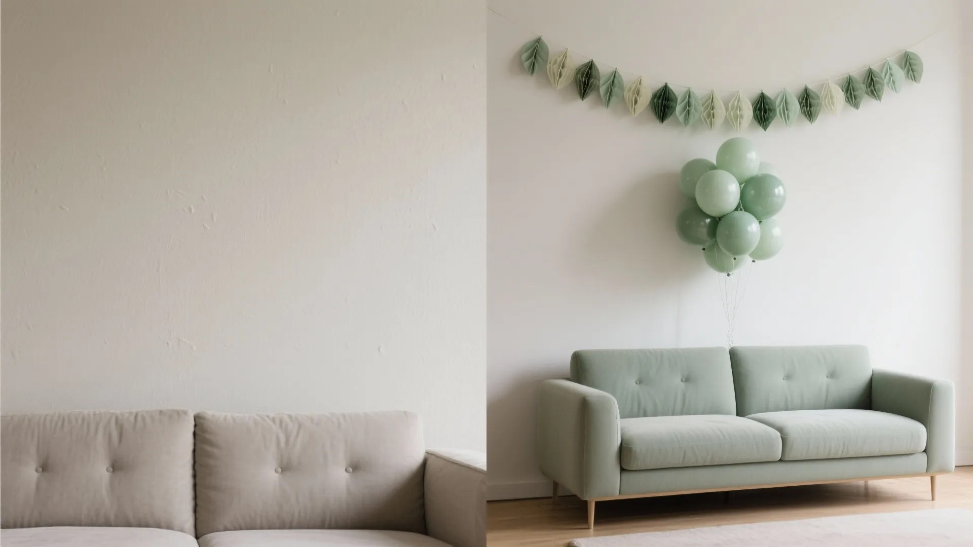Before and after comparison of plain white wall versus decorated wall with sofa and balloons