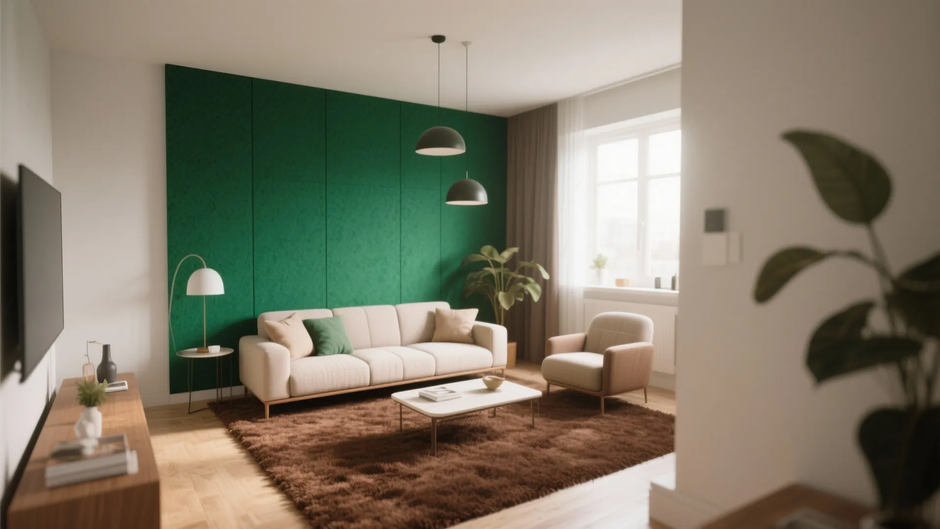 Brown carpet with emerald green feature wall in a living room