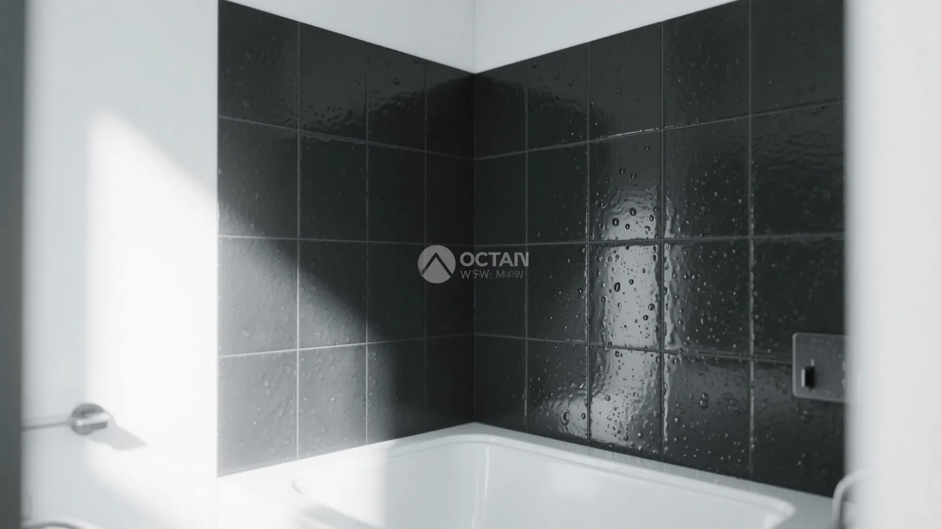 Modern bathroom corner featuring glossy black square wall tiles against a clean white bathtub design