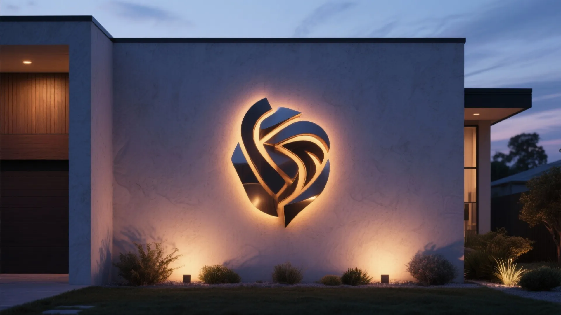 Modern house exterior with glowing sculptural wall light fixture and small plants in the garden