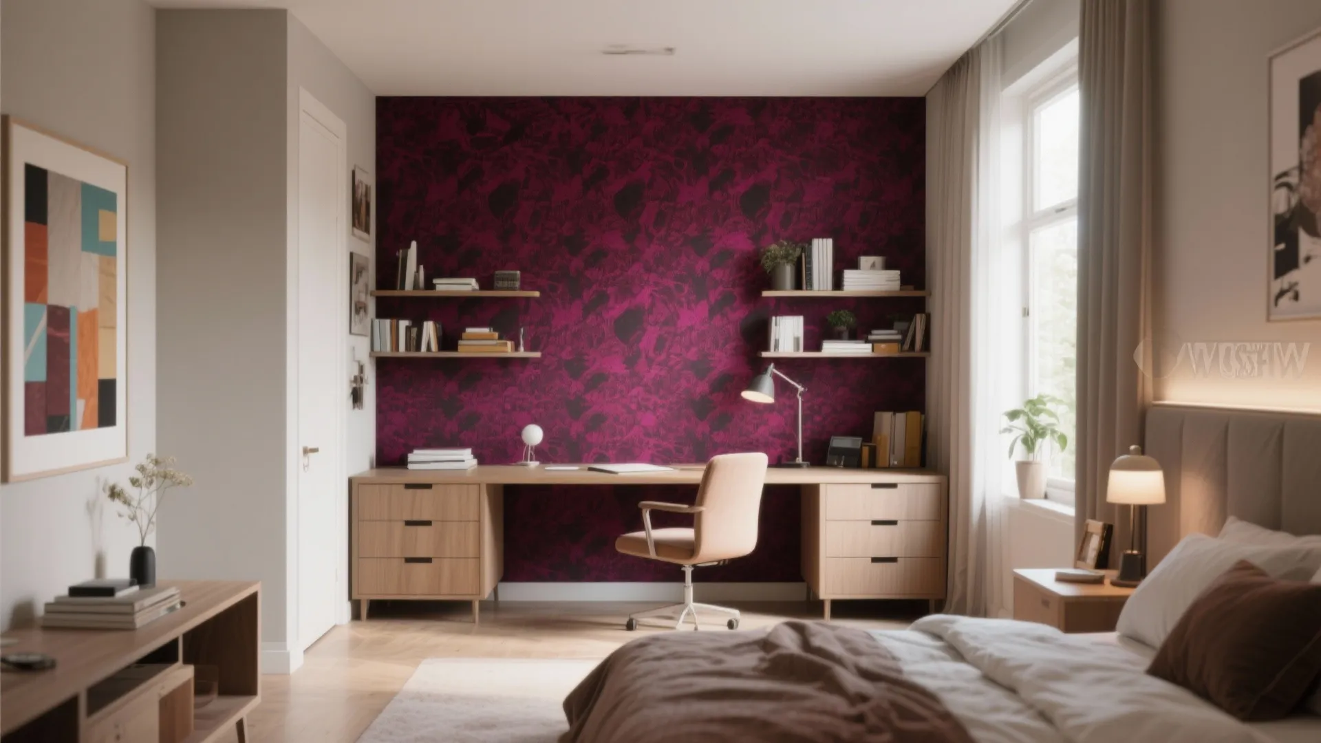 Modern home office with purple patterned wallpaper wooden desk brown chair and floating wall shelves