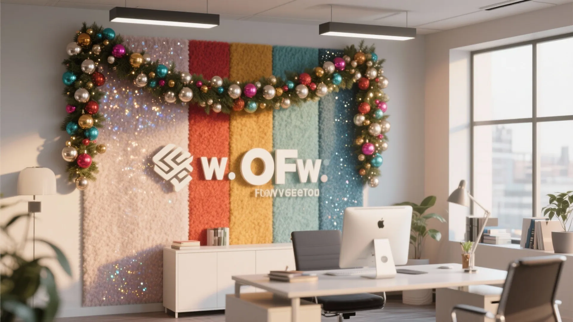 Office workspace with colorful textured wall, white desk, computer, and festive green Christmas tree garland