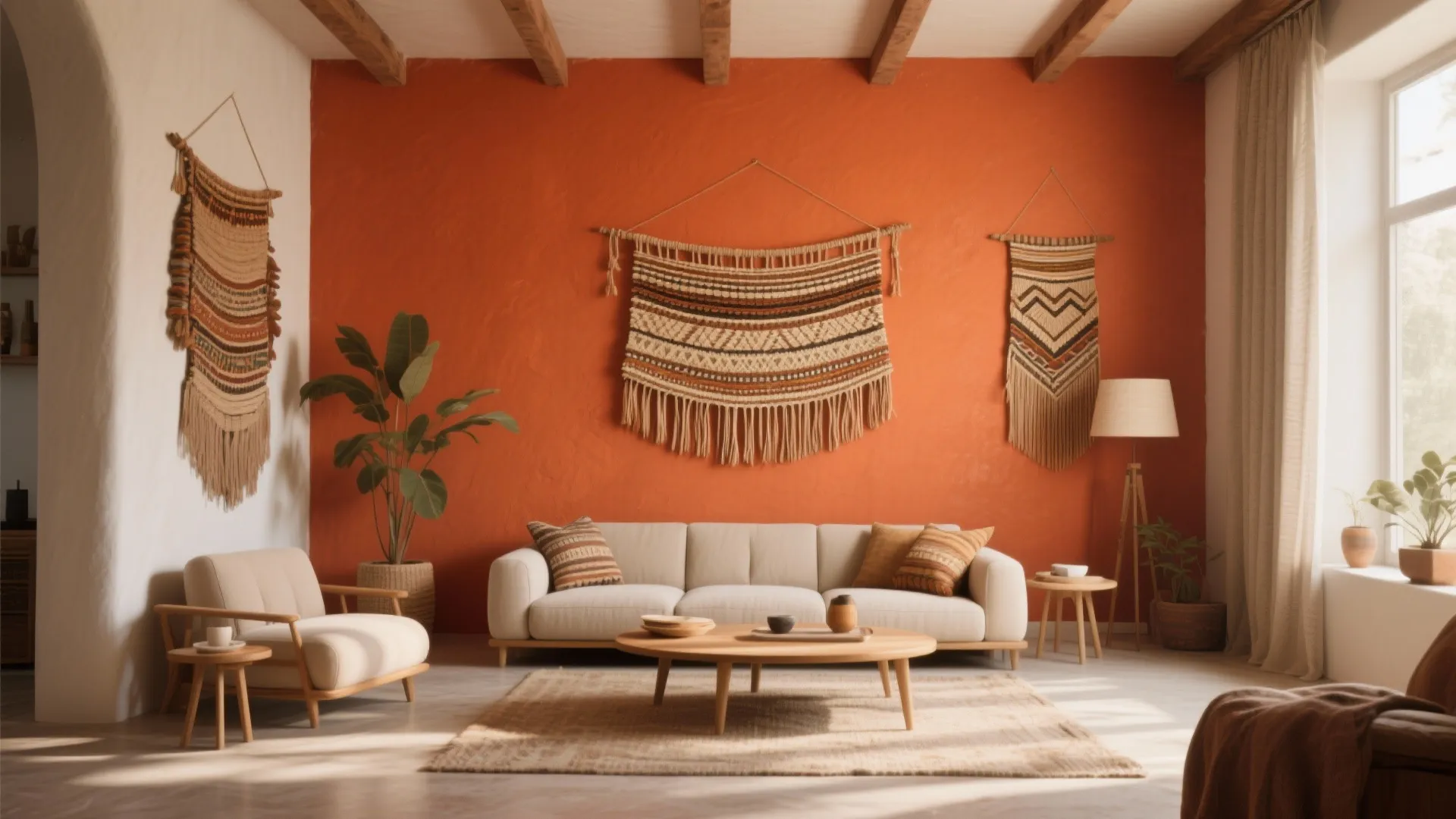 Terracotta orange wall with woven wall hangings white sofa wooden coffee table and indoor plants