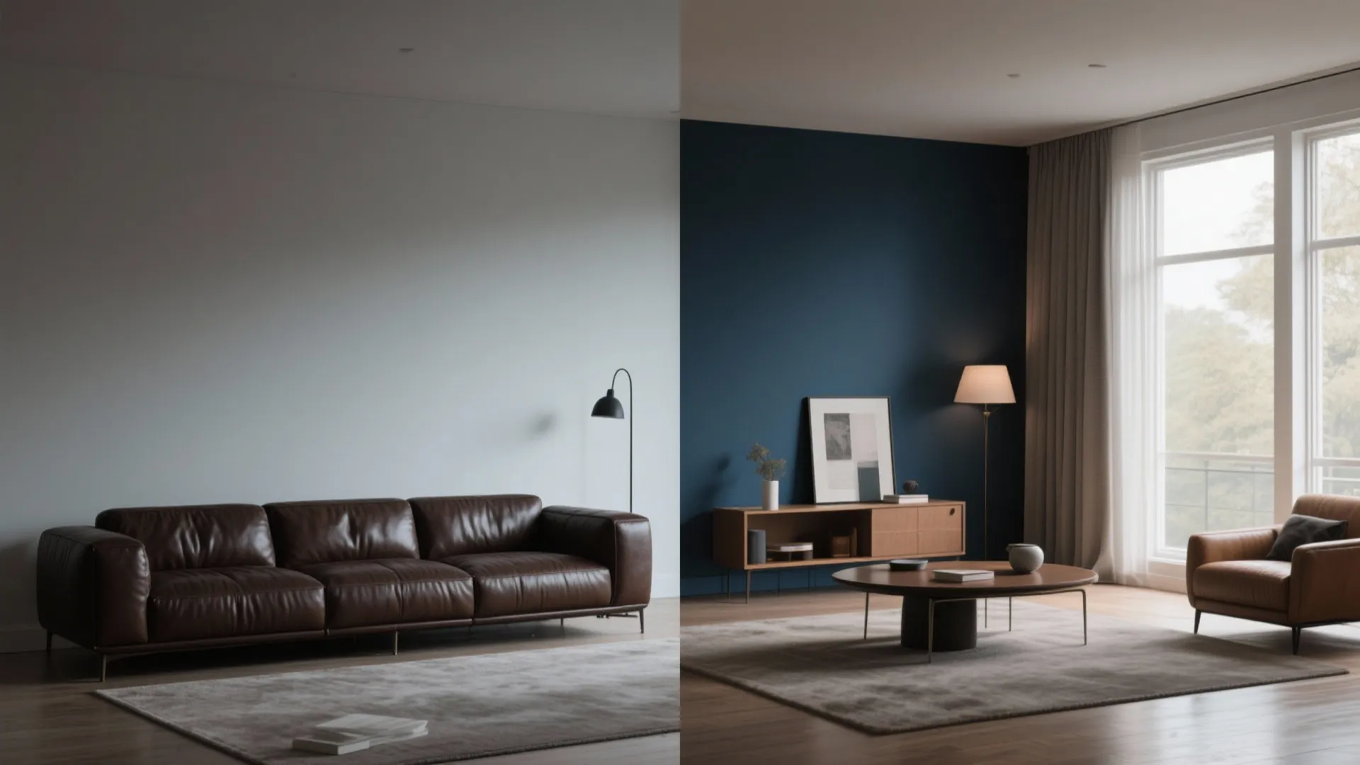 Before and after of leather couch with and without a bold navy wall