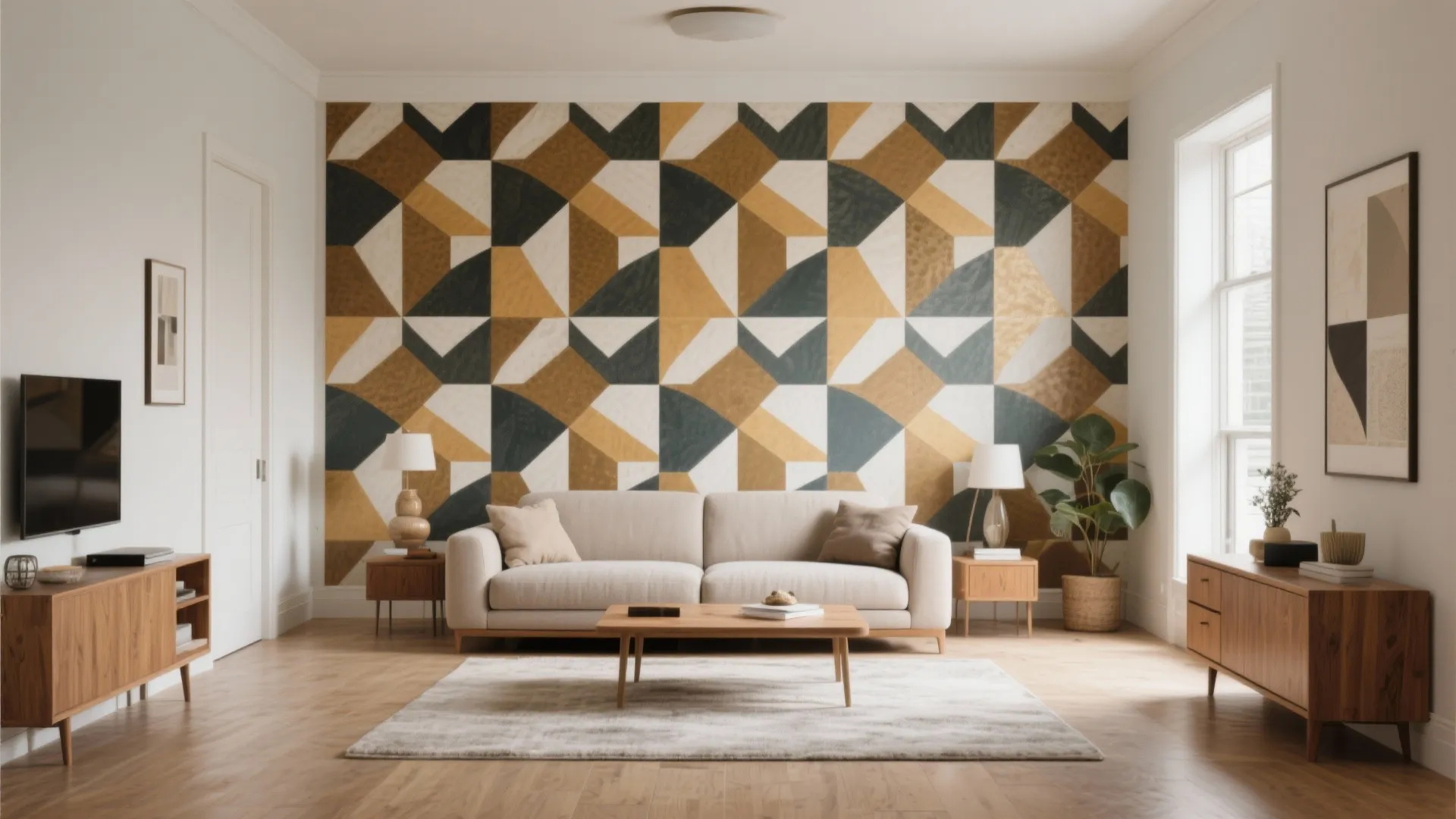 Modern living room featuring a geometric patterned wall behind a beige sofa and wooden furniture