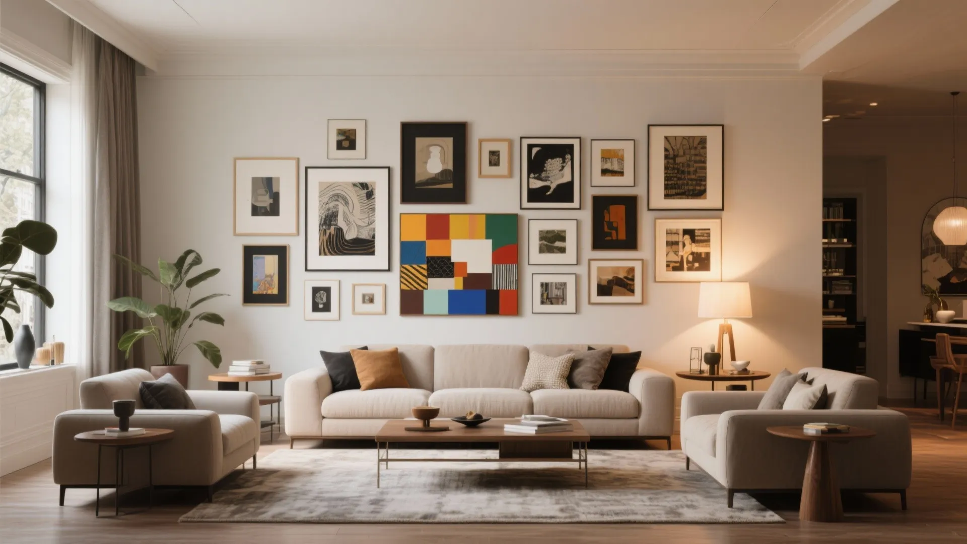 Rectangular living room with bold art statement wall at short end