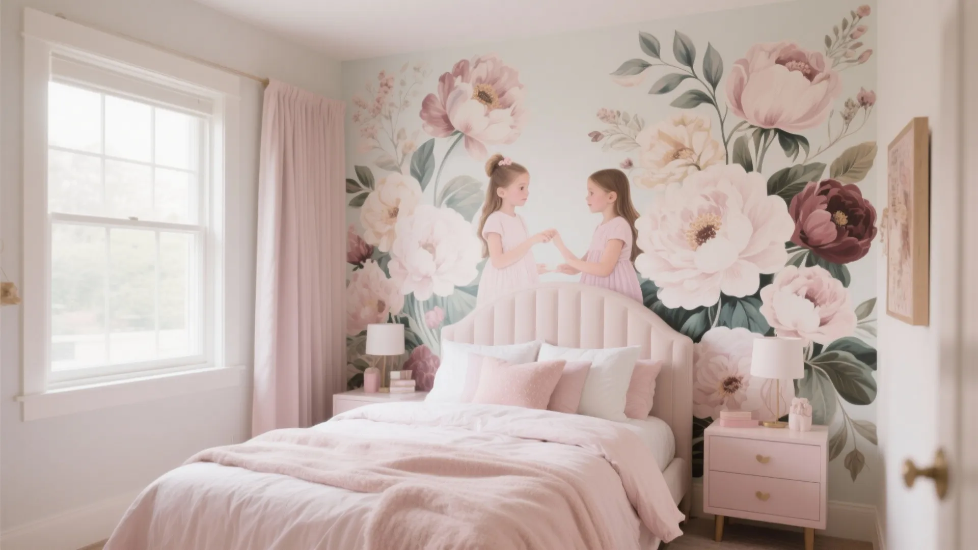 Elegant bedroom design with large floral wall mural pink bedding bedside tables and soft pink curtains