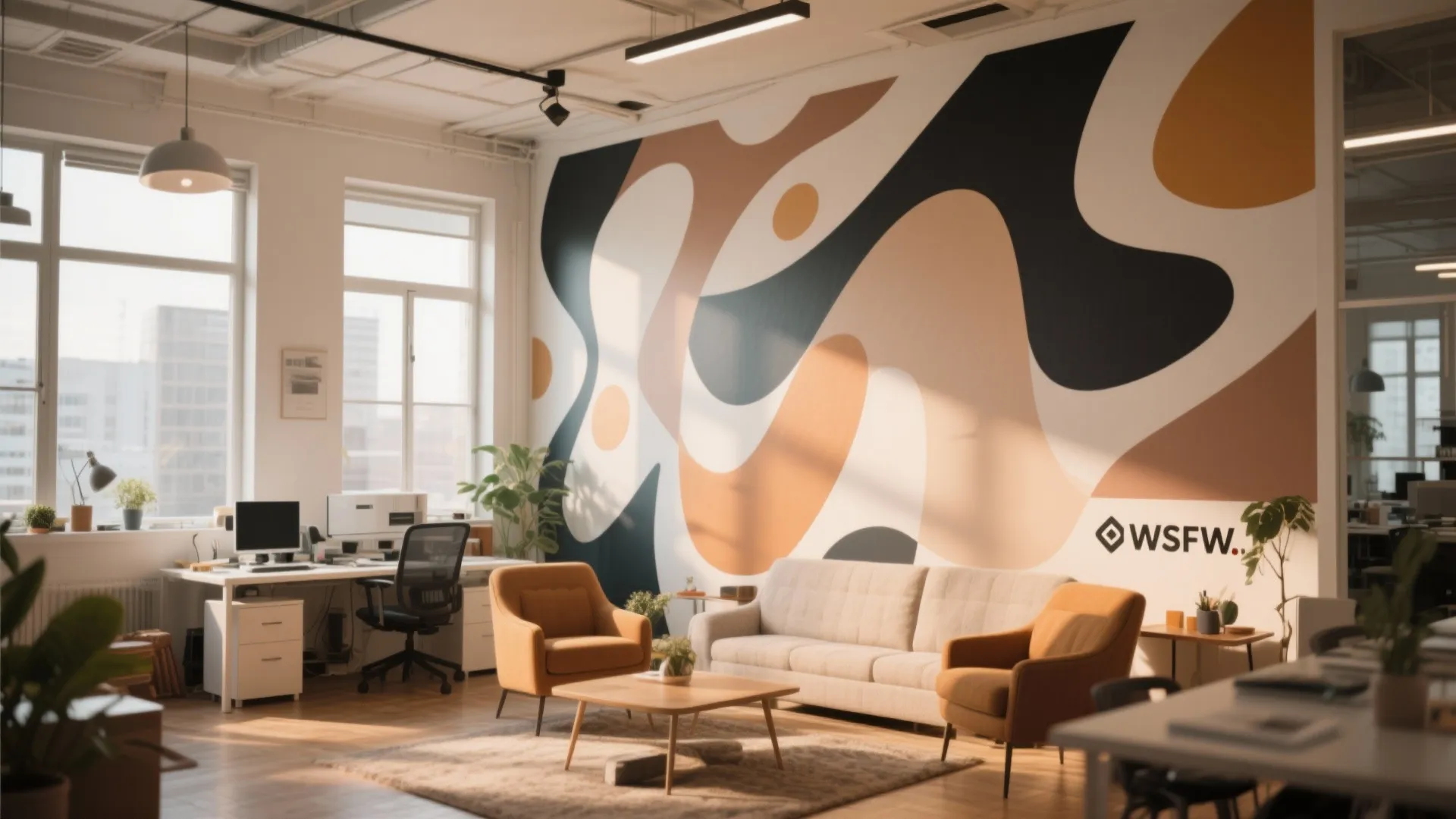 Creative office lounge area with abstract wall mural orange chairs white sofa and small wooden table