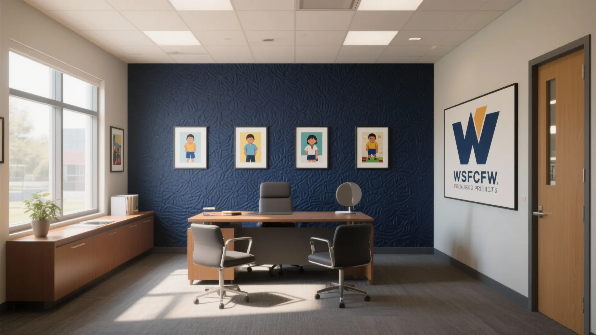 Modern office interior with blue textured wall panel wooden desk chairs and natural window light