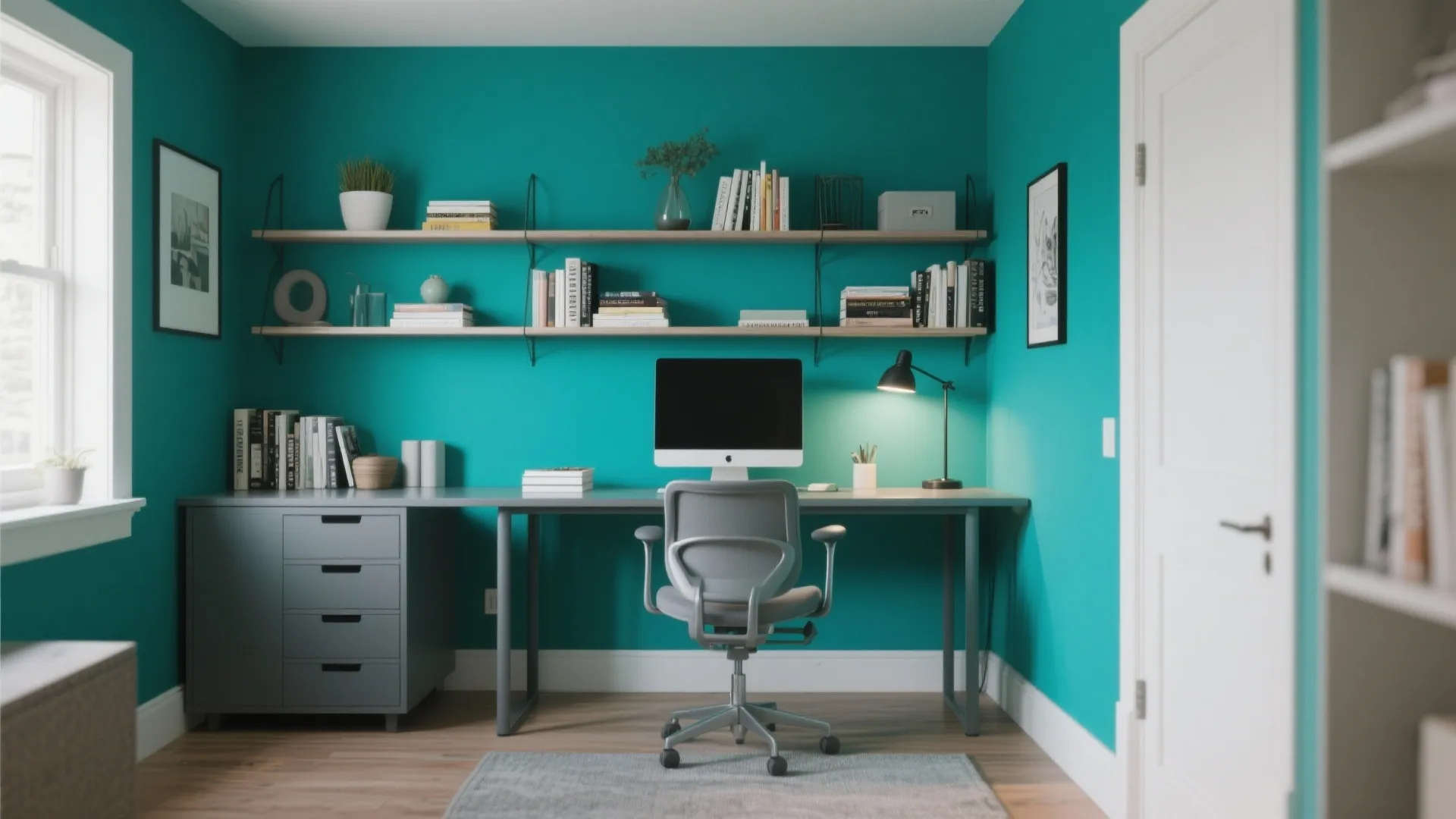 Modern home office with a teal statement wall, grey desk, ergonomic chair, and wooden shelves