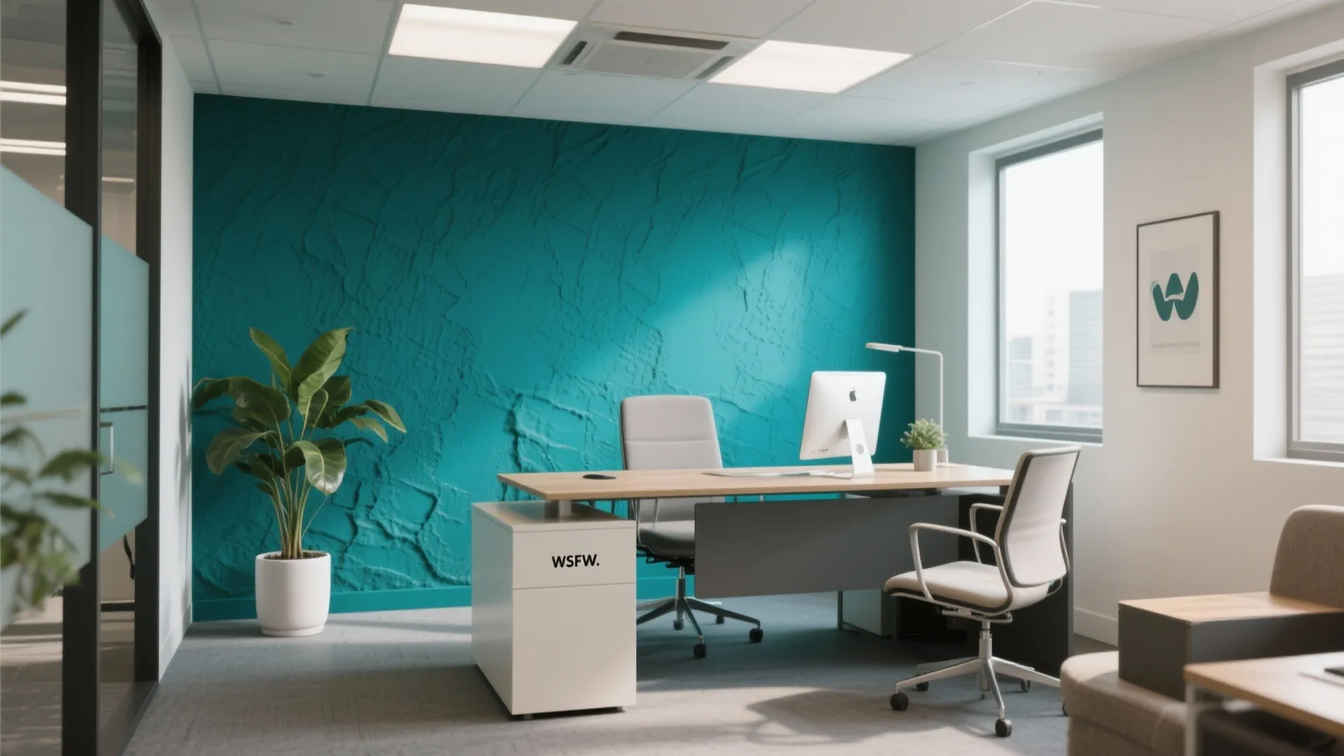Workspace with a bold teal statement wall behind desk