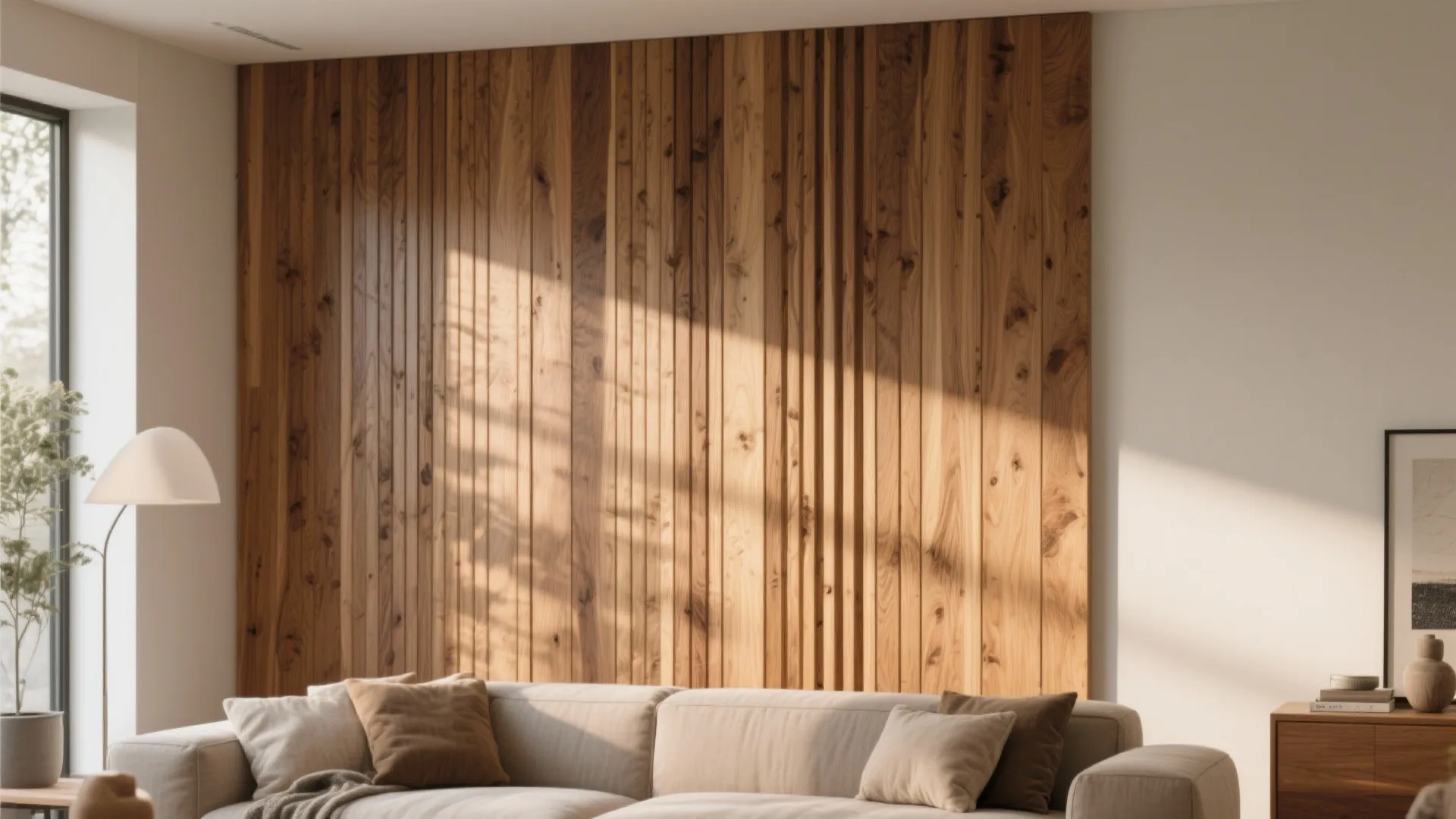 Modern living room with vertical wooden wall panel, beige sofa, floor lamp, and warm sunlight