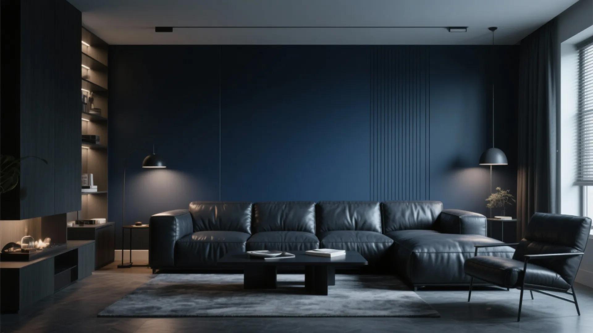 Charcoal leather sectional in front of navy accent wall