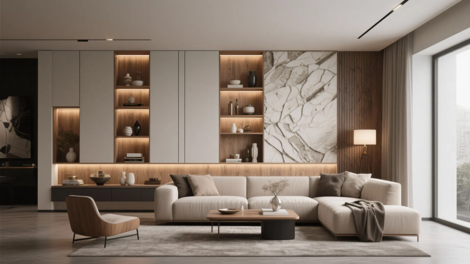 Minimalist living room featuring cream sofa large wall cabinet with lighting stone texture and floor lamp