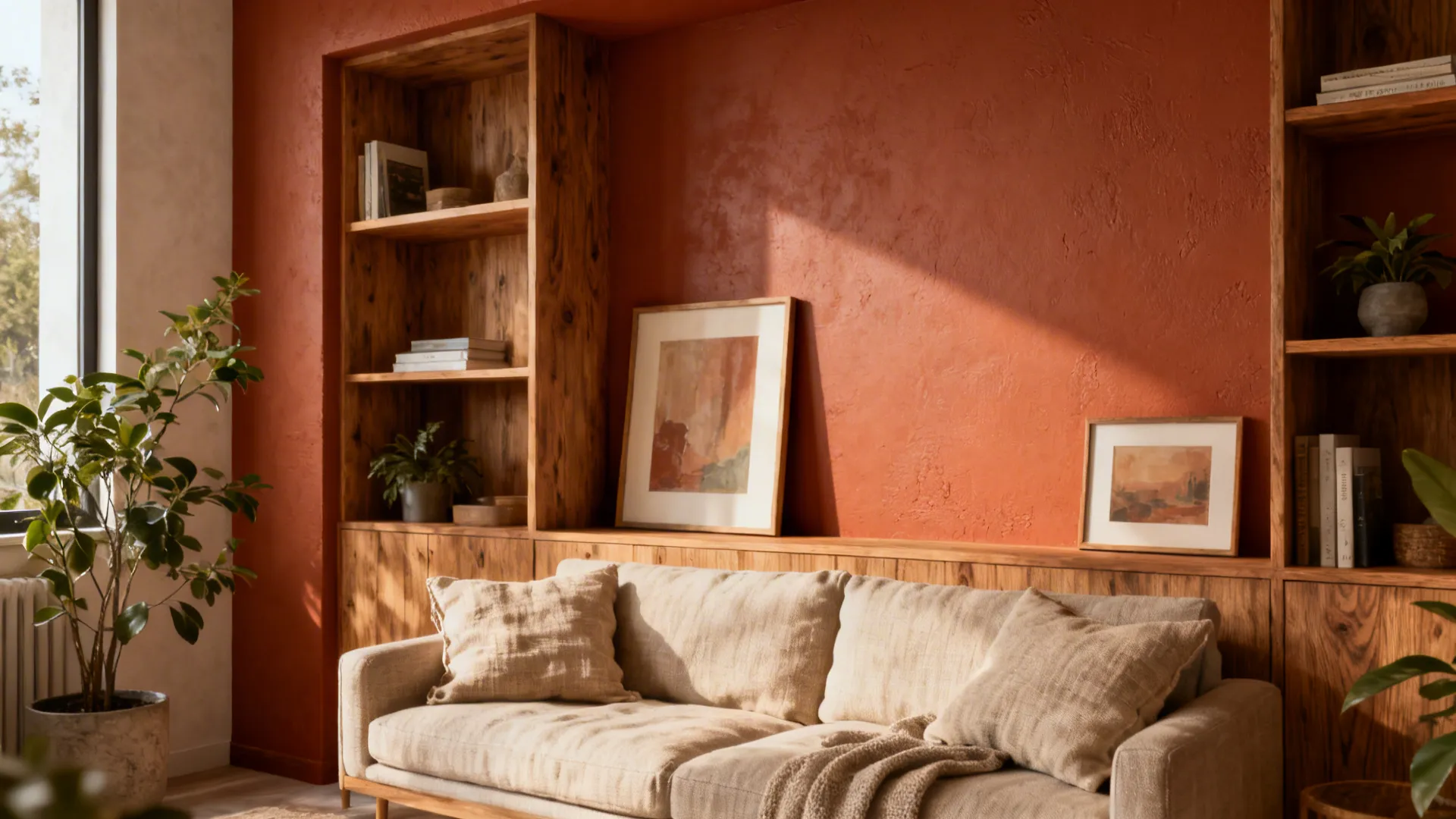 Small living room with a warm terracotta statement wall behind shelving and a sofa.