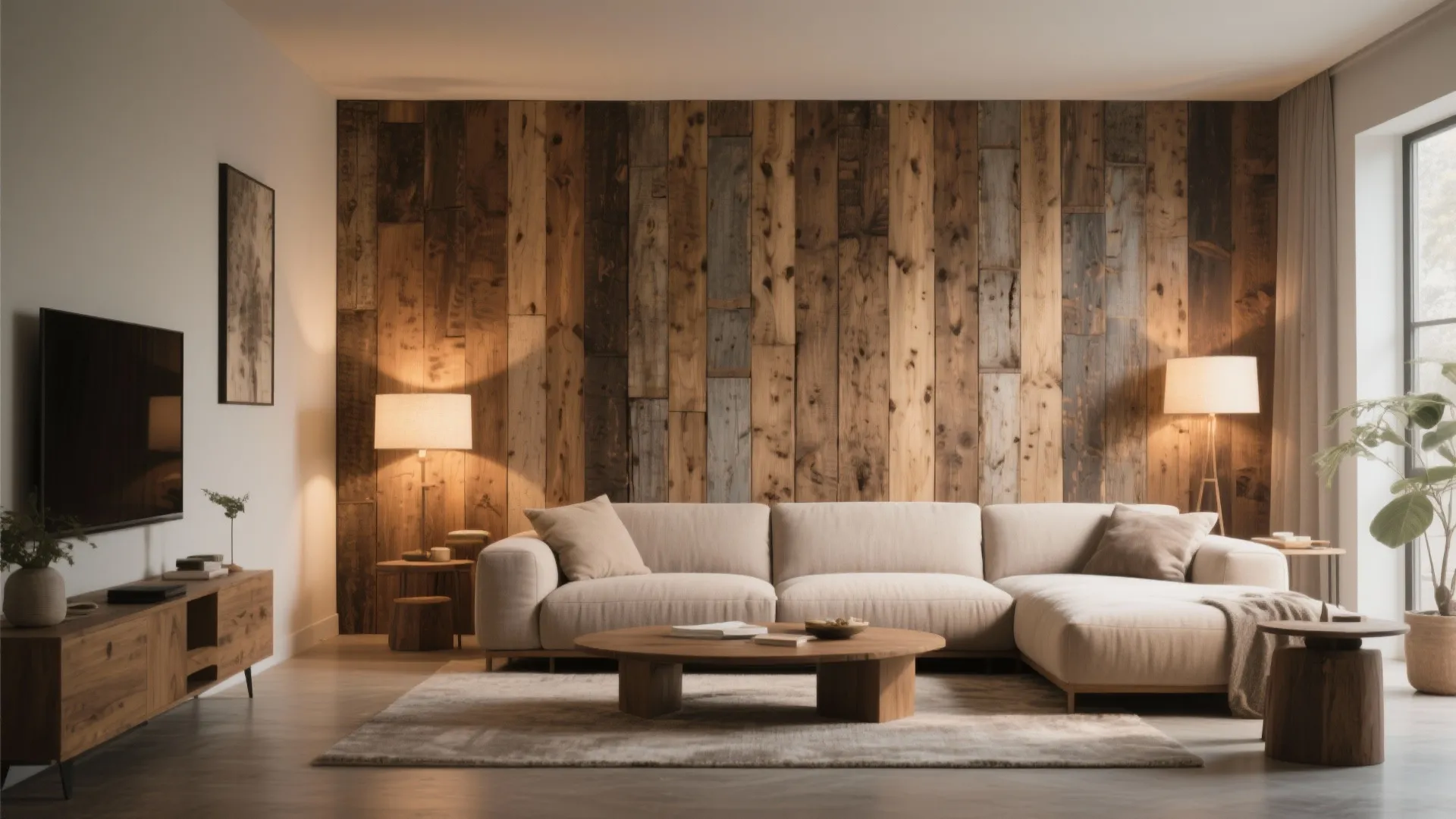 Living room with a wooden wall panel cream sofa round coffee table and floor lights