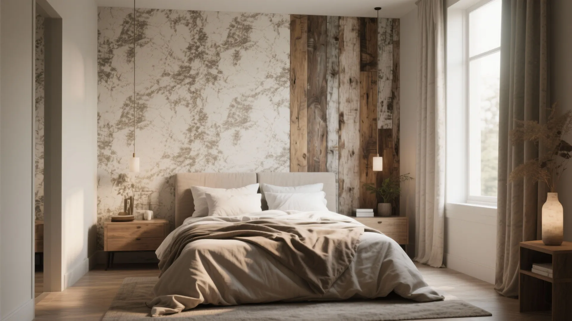 Modern bedroom with wood wall panel stone wallpaper beige bed wooden nightstands window curtains hanging light