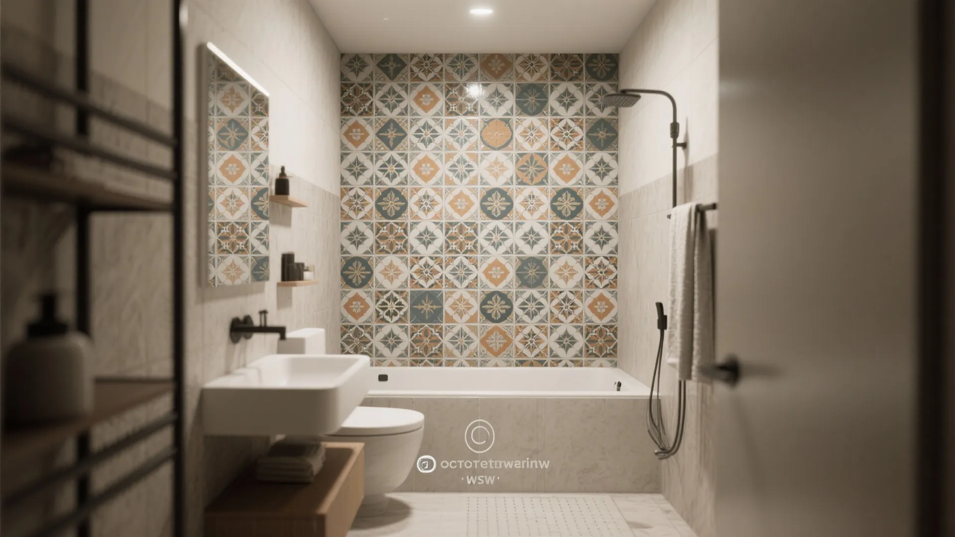 Wet room with bold patterned statement wall tiles