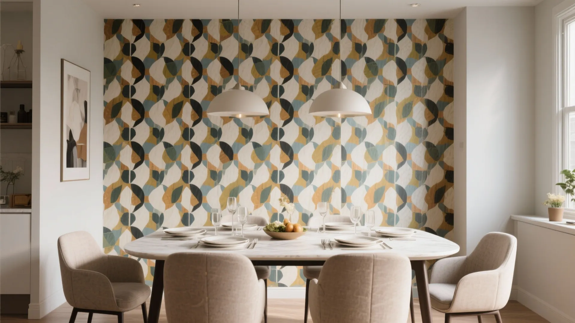 Modern dining area featuring colorful geometric wallpaper marble table white chairs and two ceiling lights