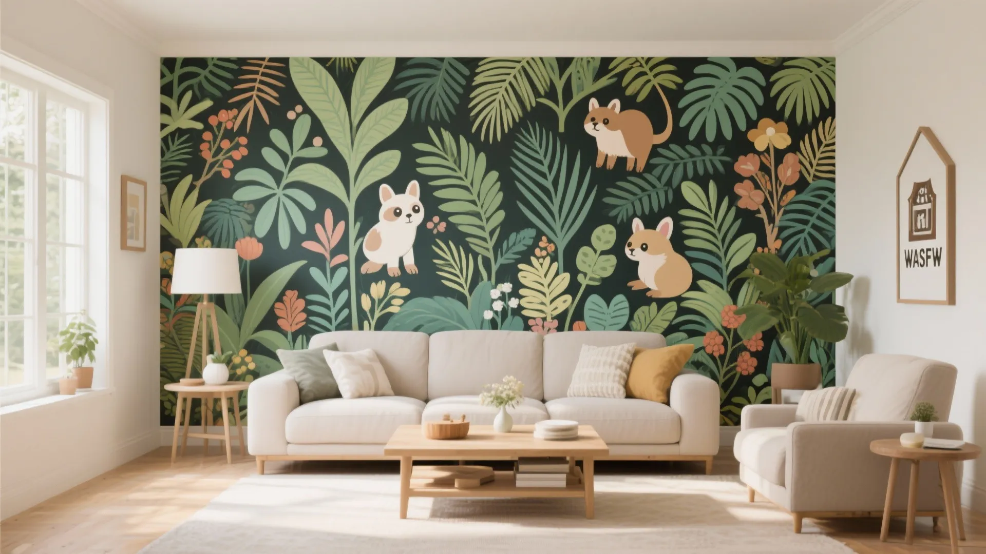 Modern living room featuring a dark jungle wallpaper with cute animals behind a white sofa
