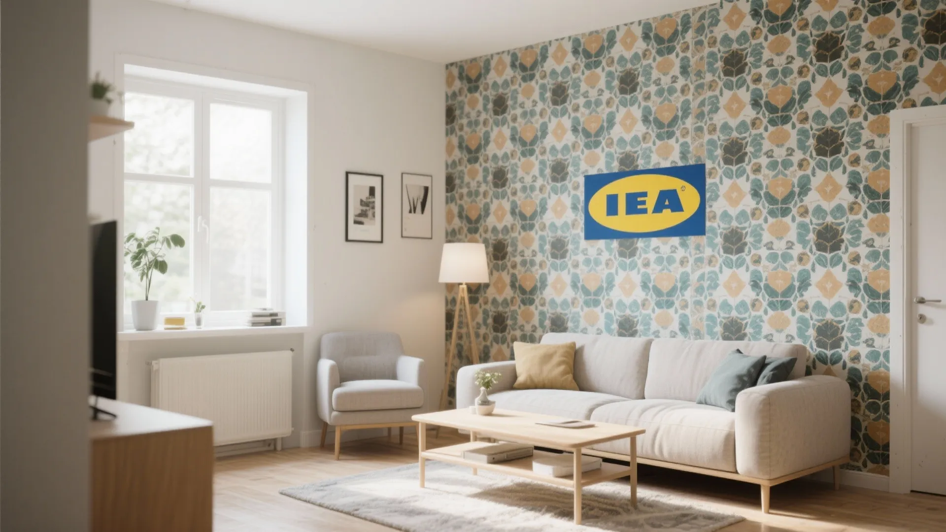 Small living room with bold removable wallpaper