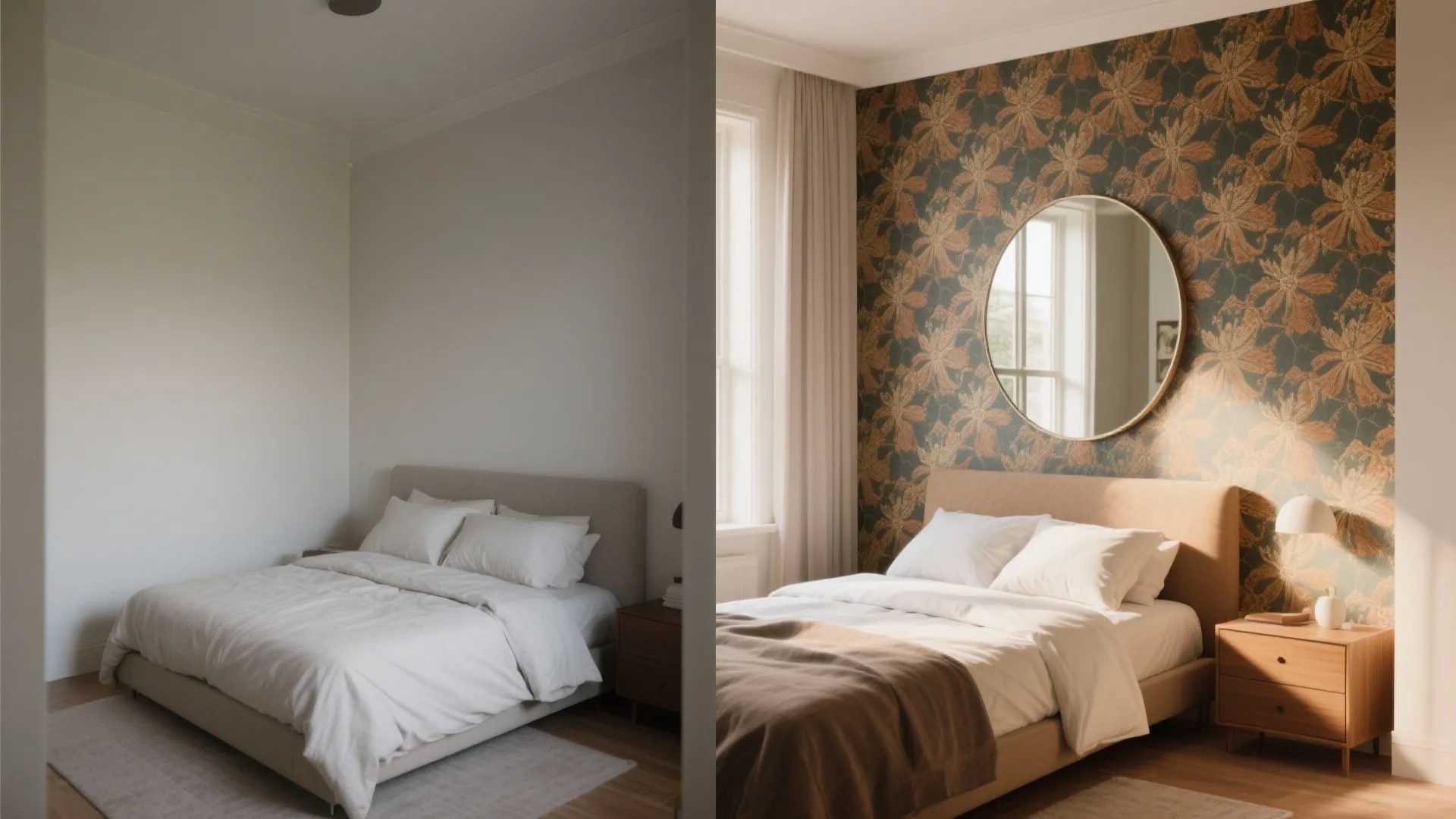 Comparison of a plain white bedroom versus a stylish bedroom with floral wallpaper and mirror