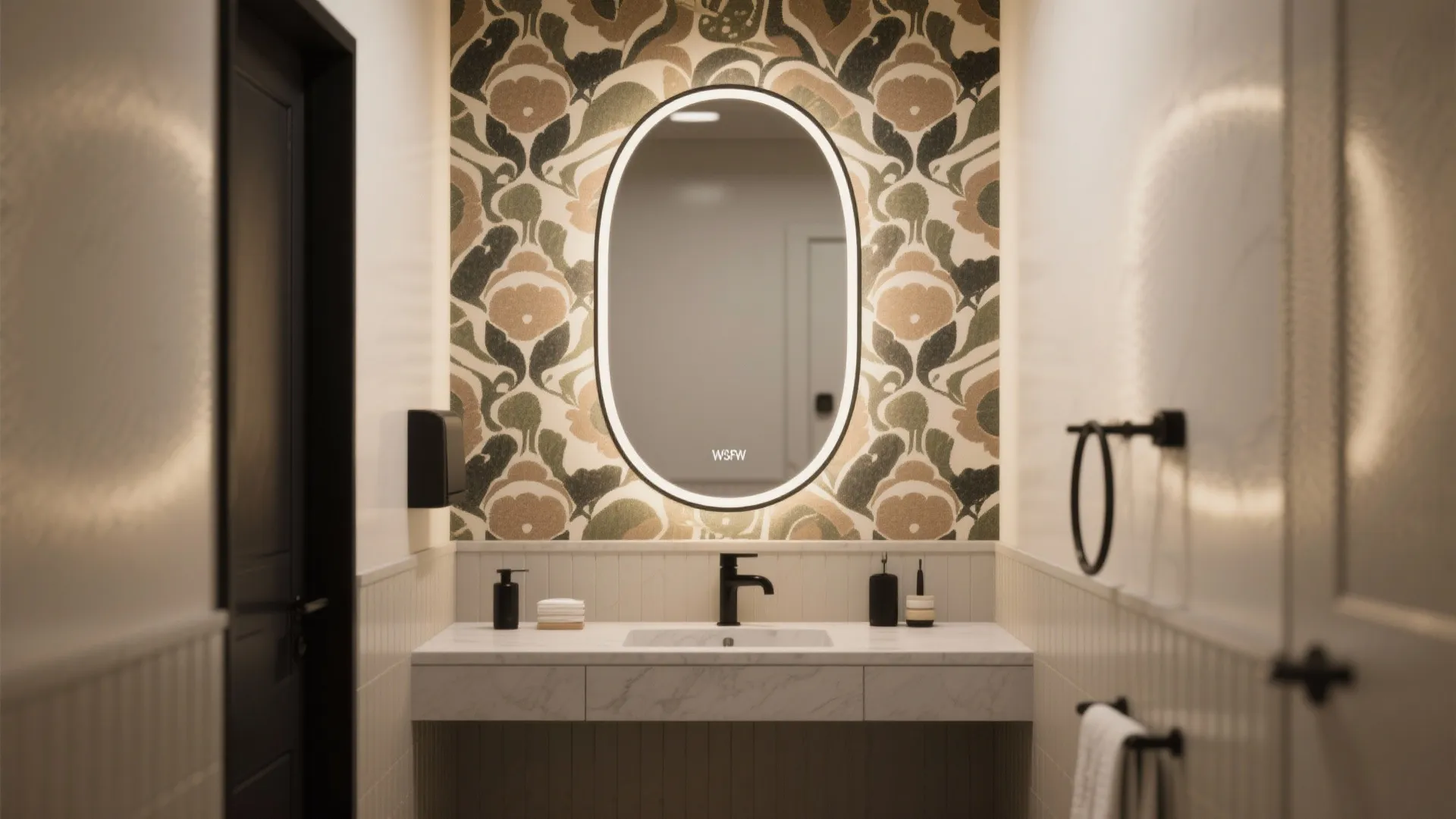 Elegant bathroom with floral pattern wallpaper oval lighted mirror marble cabinet black faucet white walls