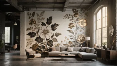 Industrial Living Room with Bold Floral Wall Mural