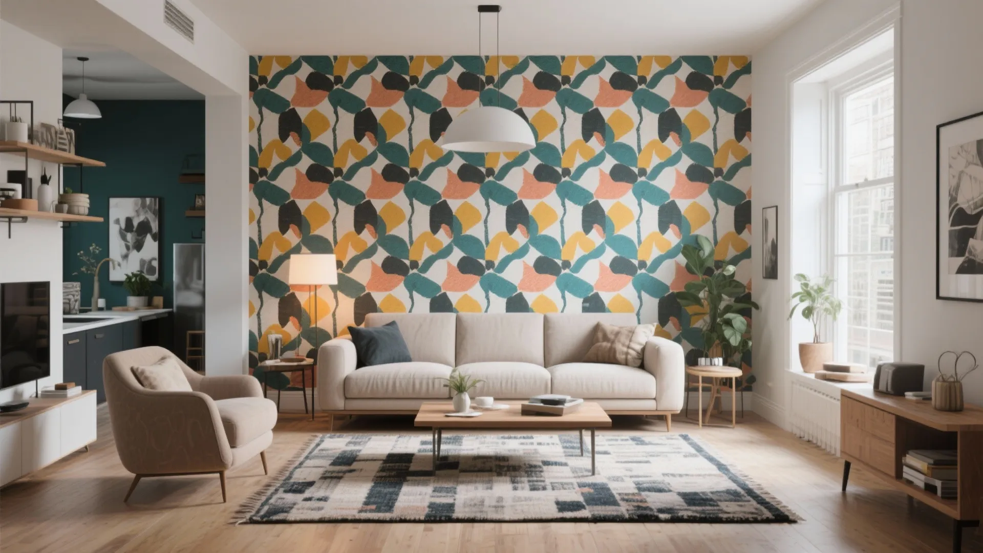 Bright living room showing a colorful patterned wall behind a white sofa and wooden table