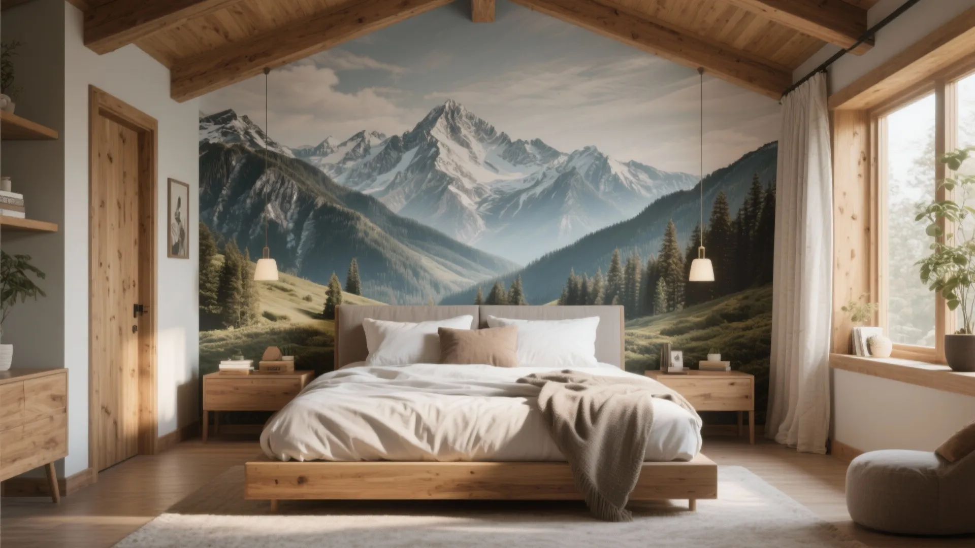 Bedroom with mountain mural wall wooden bed frame bedside tables hanging ceiling lights and natural sunlight