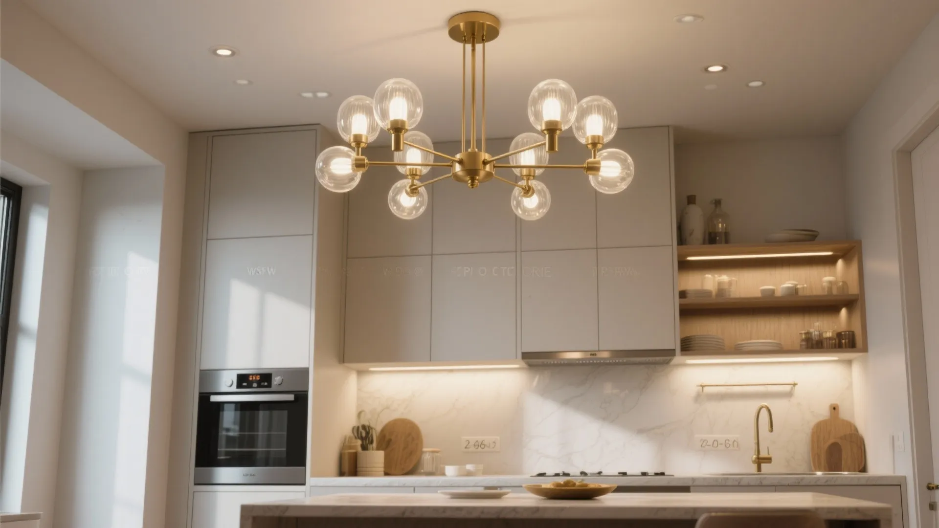 Modern kitchen with large gold ceiling light over marble island and white cabinets with oven