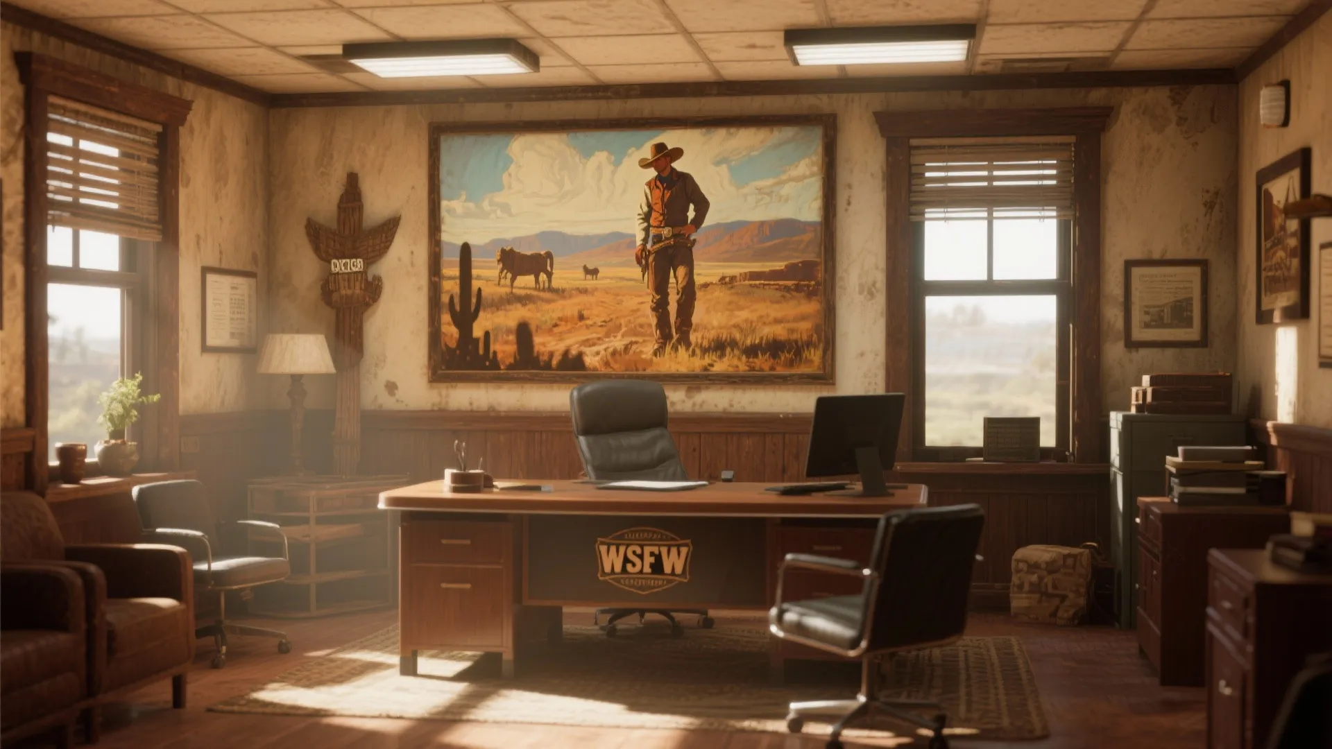 Home office with large cowboy painting on the wall wooden desk and black leather chair