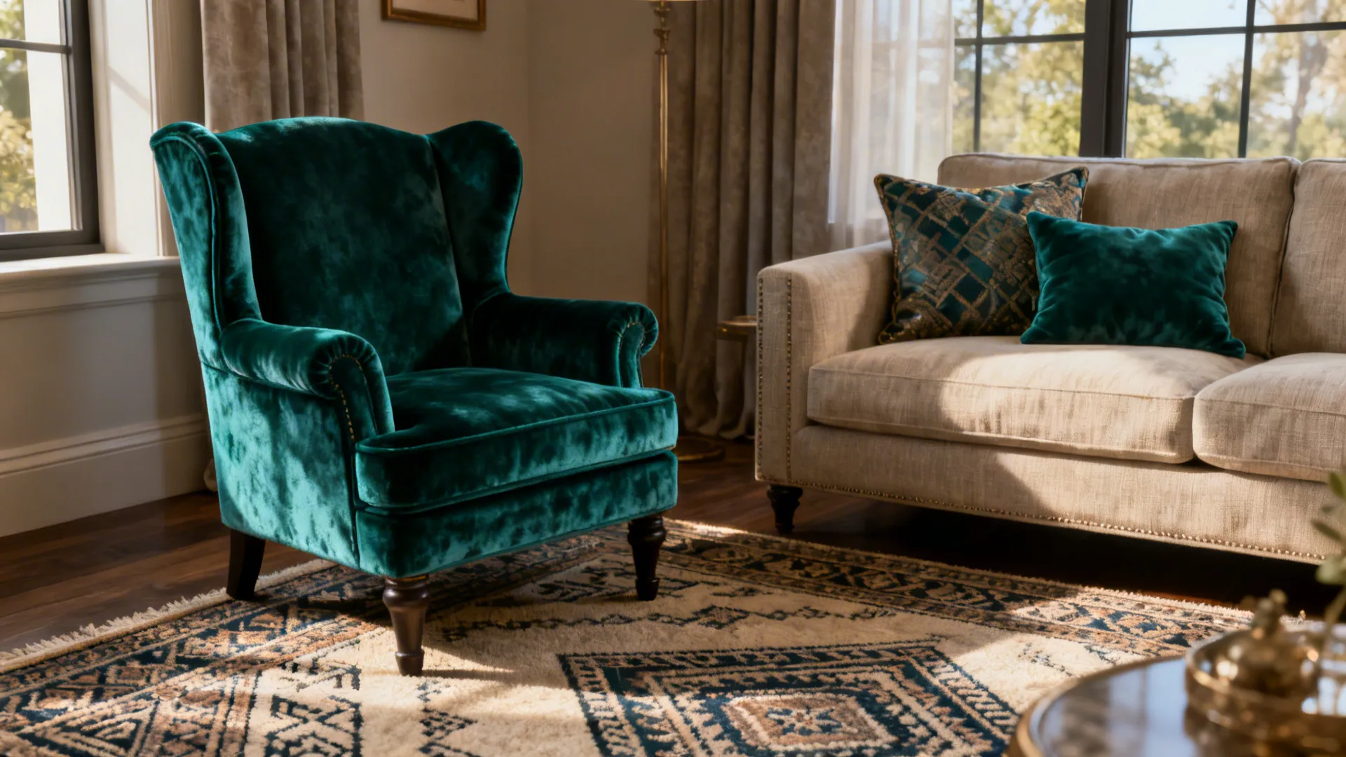 Scaled-down classic wingback in a jewel-toned fabric positioned as a focal point in a small living room