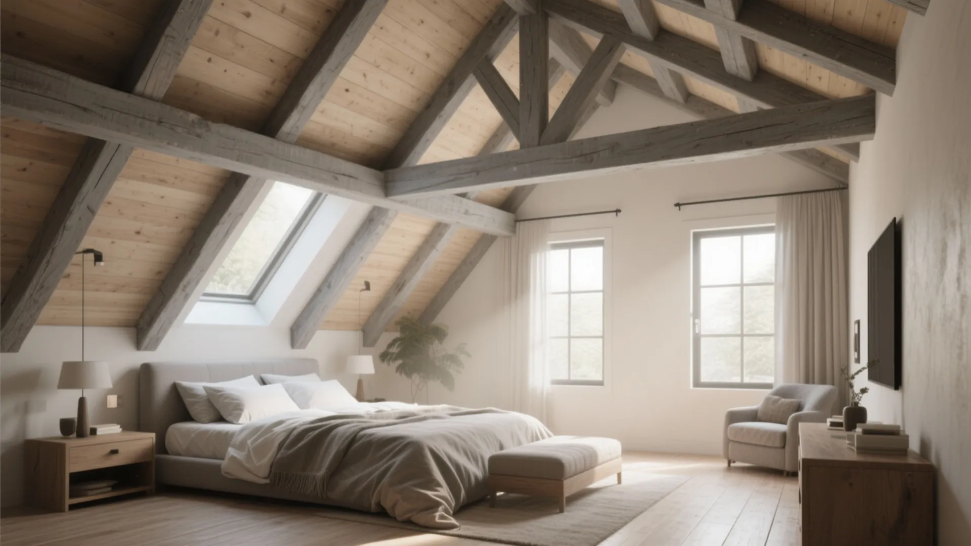 Attic bedroom featuring rustic wood ceiling beams roof window grey sofa and wooden floor design