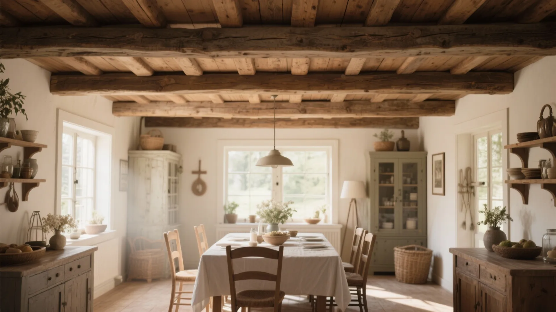 Dining room with warm reclaimed oak ceiling beams