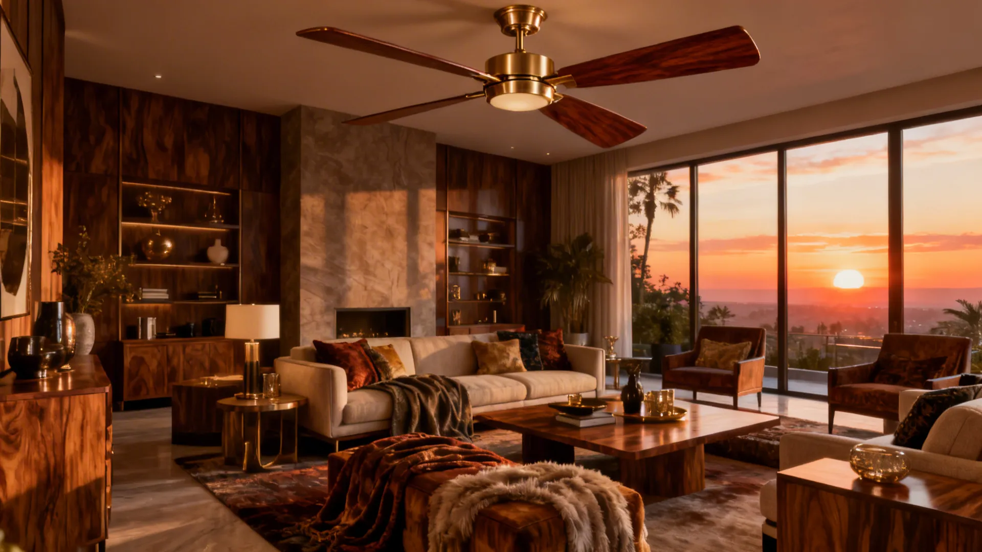 Living room with a statement ceiling fan featuring walnut blades and brushed brass motor