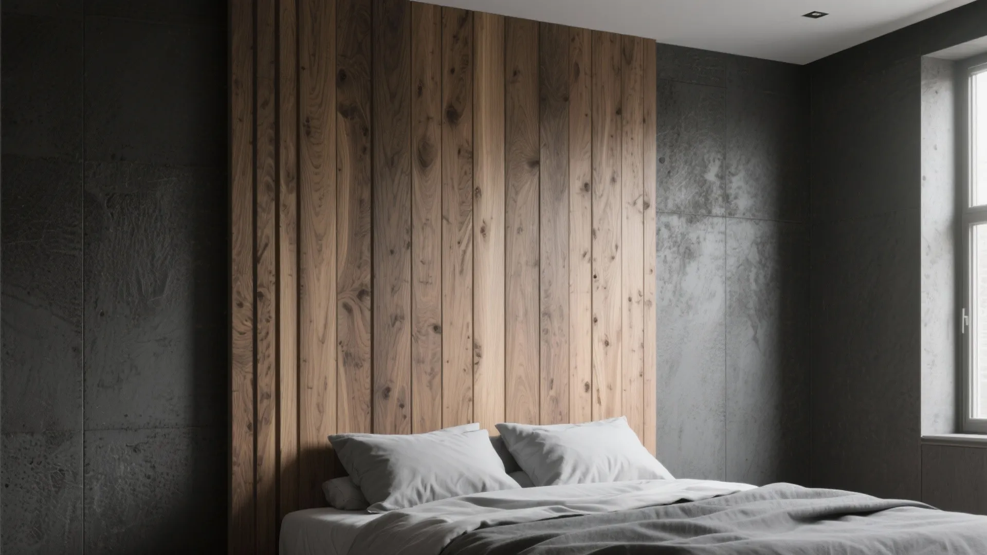 Tall vertical-grain wood headboard against a charcoal accent wall in a small bedroom.