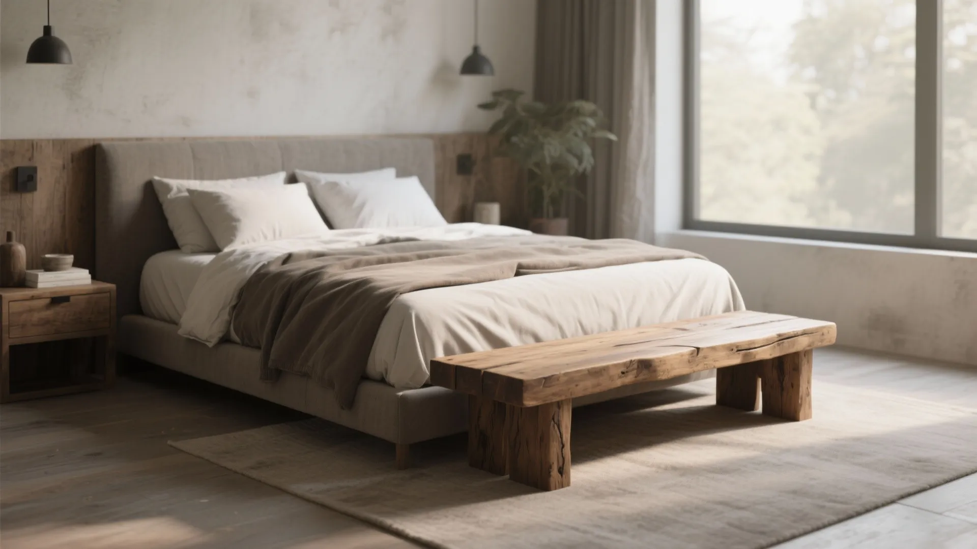 Rustic wooden bench placed at the foot of a modern bed in a bright airy bedroom