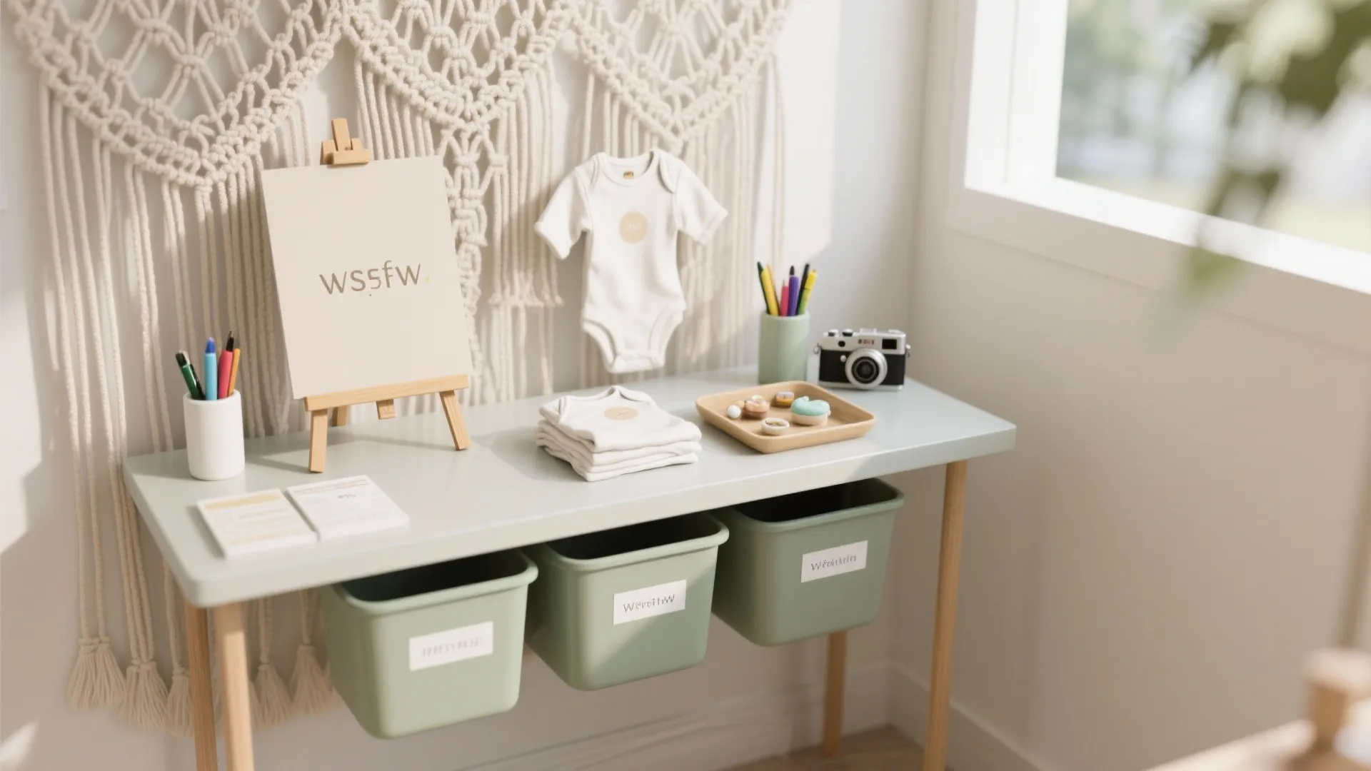 Light green desk with baby clothes, wooden easel, storage bins, and woven wall hanging decor