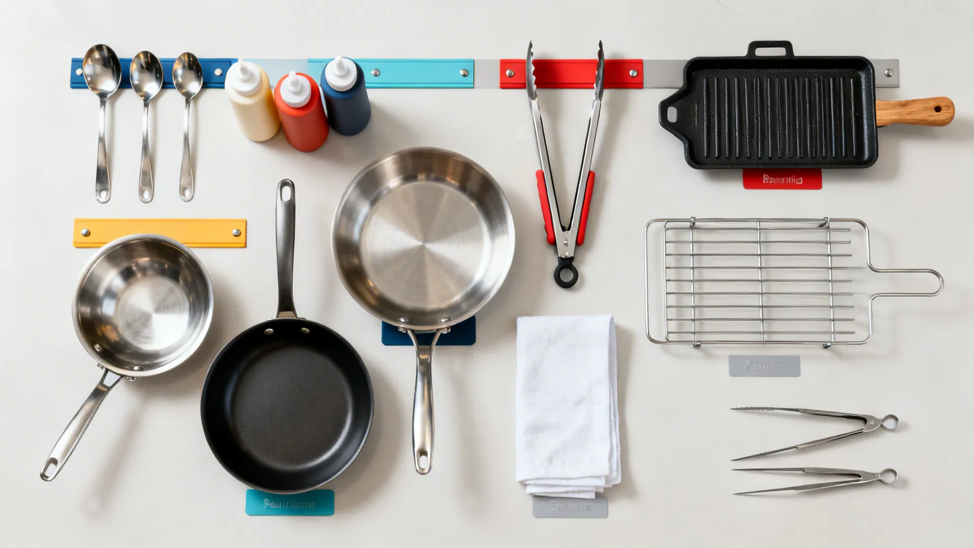 Organized flat lay of color-coded station tools for cold, hot, and pass zones on matte stainless.