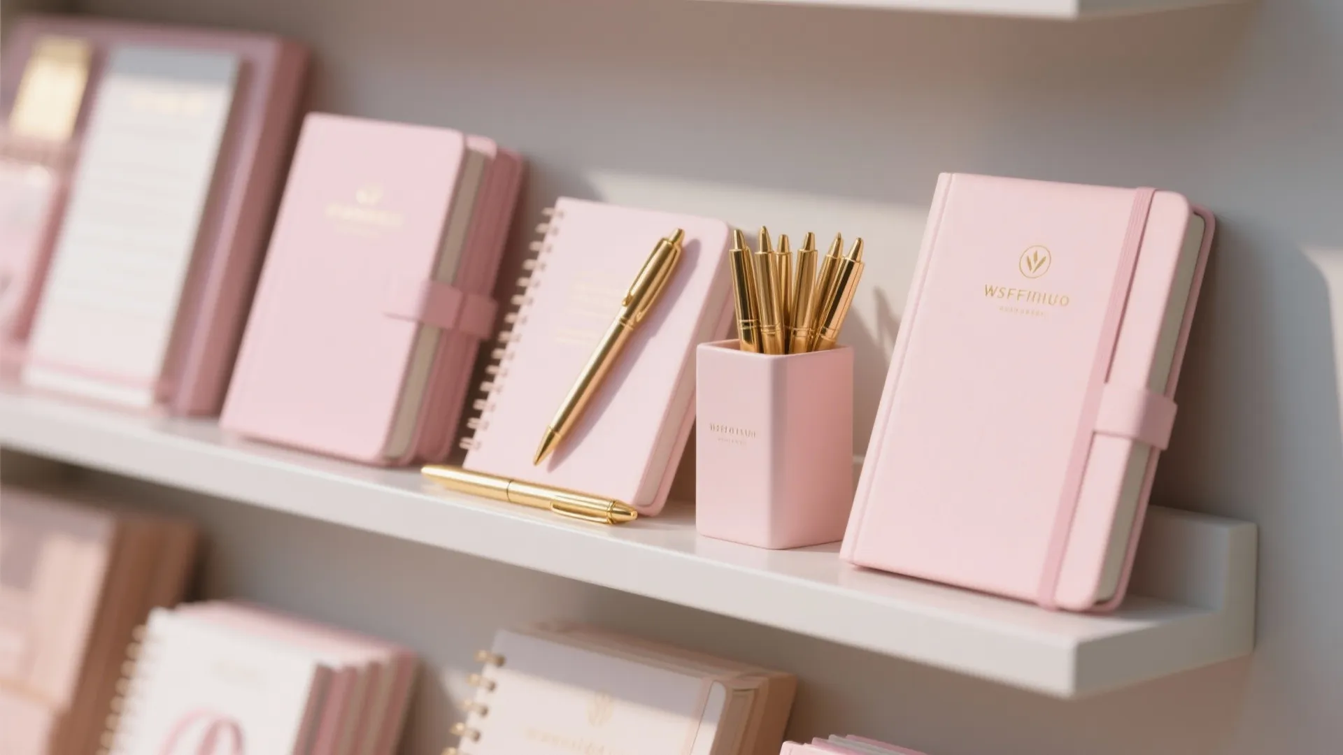 Pink notebooks and gold pens organized neatly on white wall shelves in a modern office