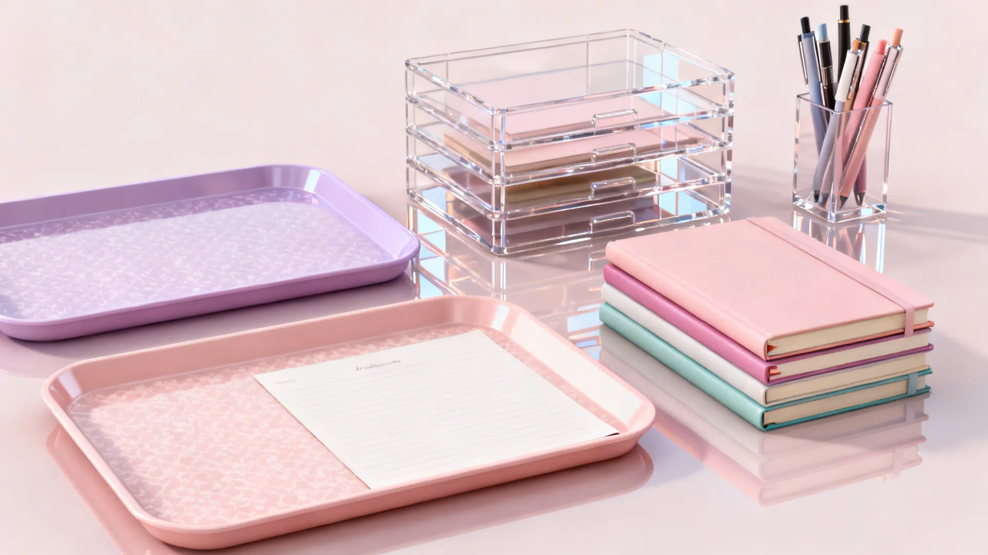 Flatlay of pretty trays, acrylic organizers, notebooks, and a curated pen display in pastel tones.