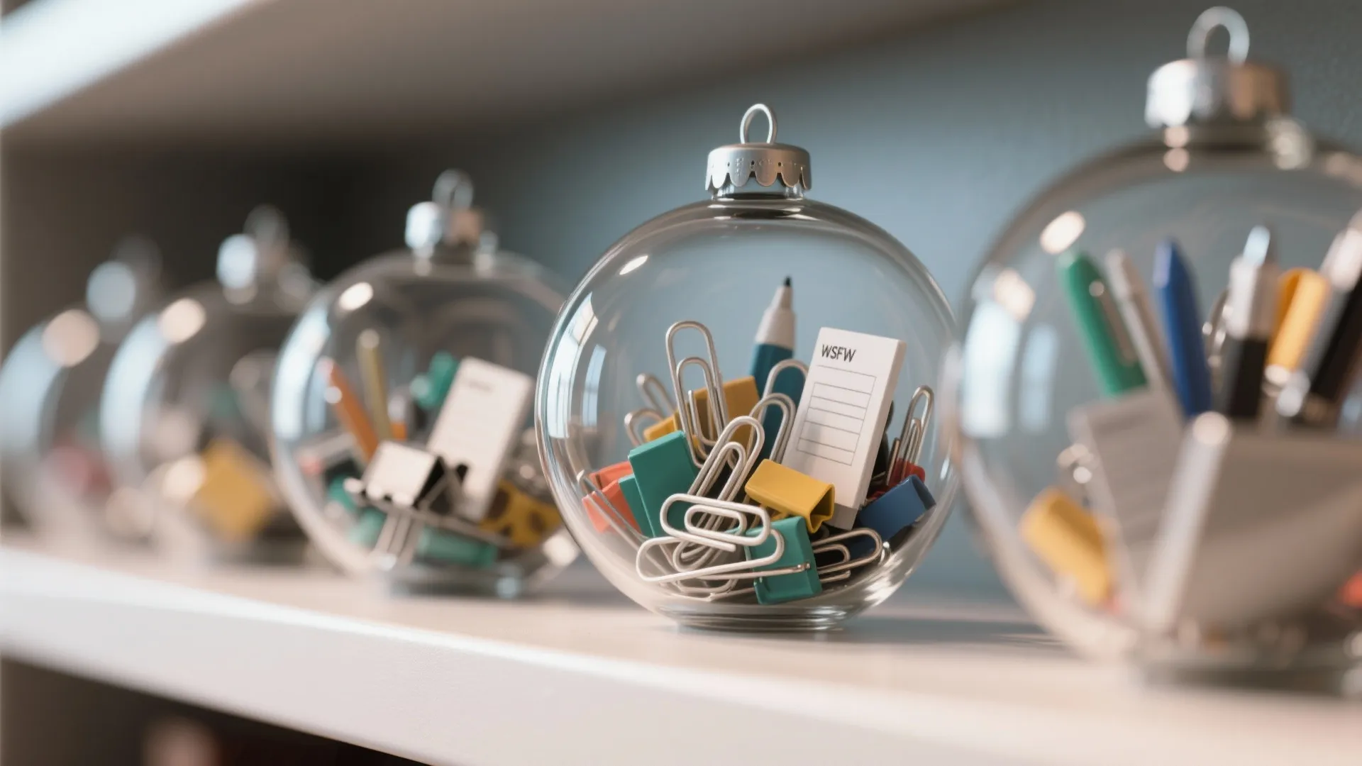 Clear glass holiday ornaments filled with colorful paper clips and pens on a white shelf