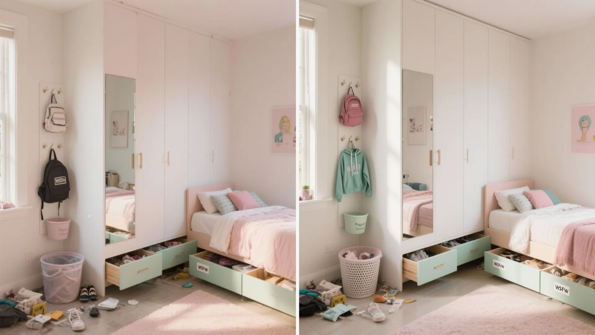 Before-and-after small teen bedroom showing clutter versus hidden underbed drawers, mirrored wardrobe, and vertical peg rail.
