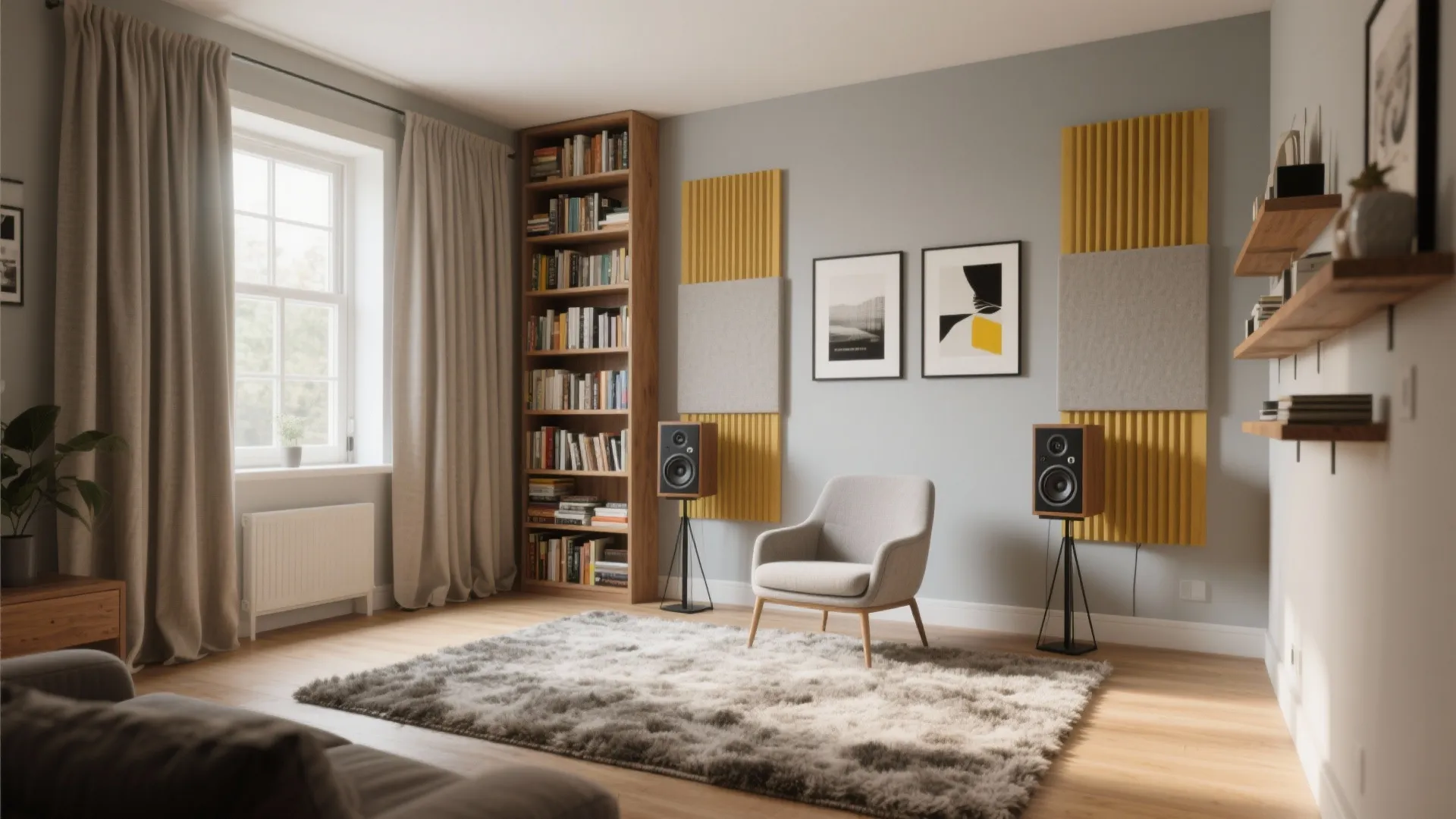 Small room with thick rug, wide curtains, bookcase, and art panels that improve stereo clarity.