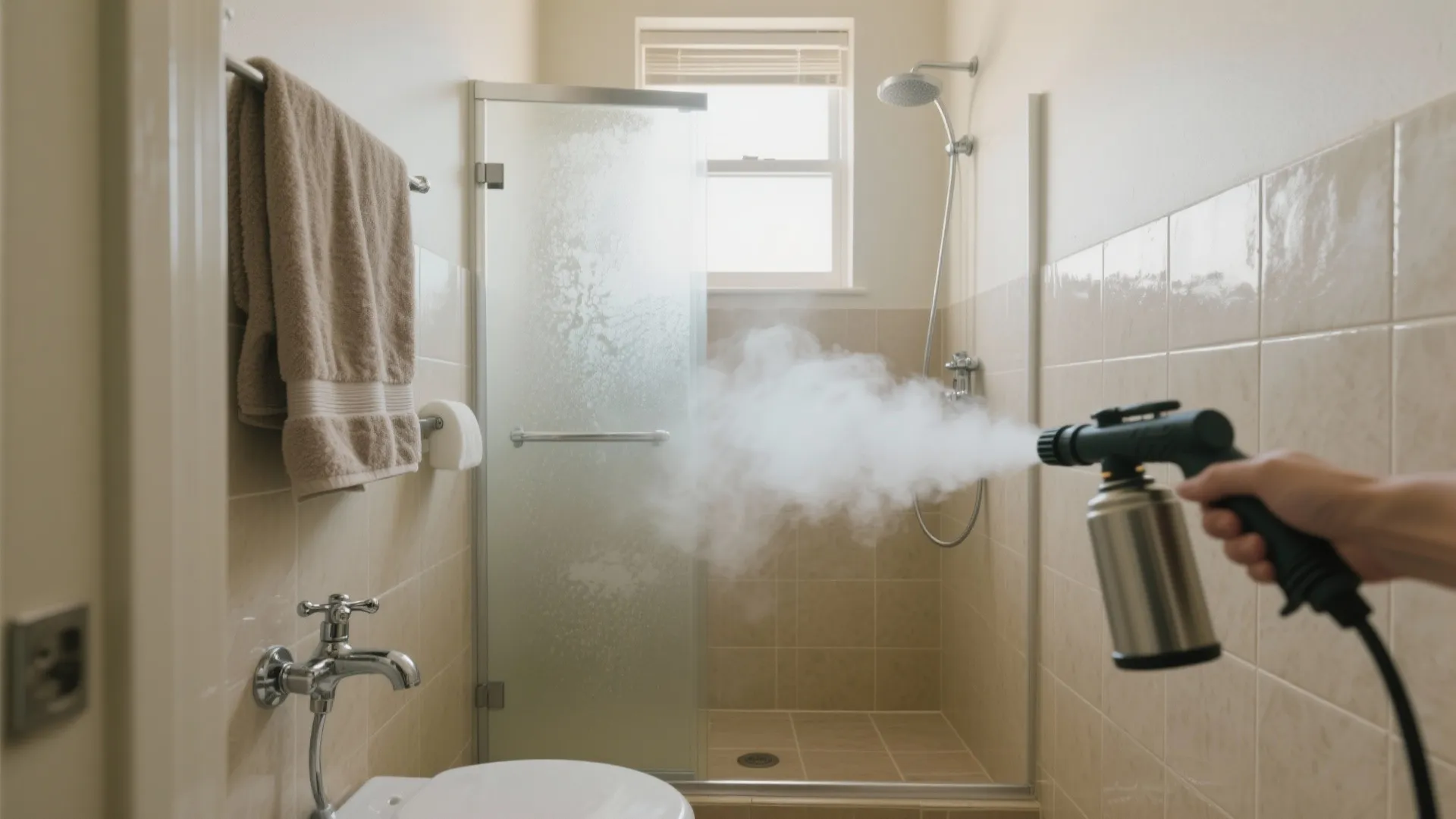 Hand holding a steam cleaner to sanitize glass shower doors in a modern beige bathroom