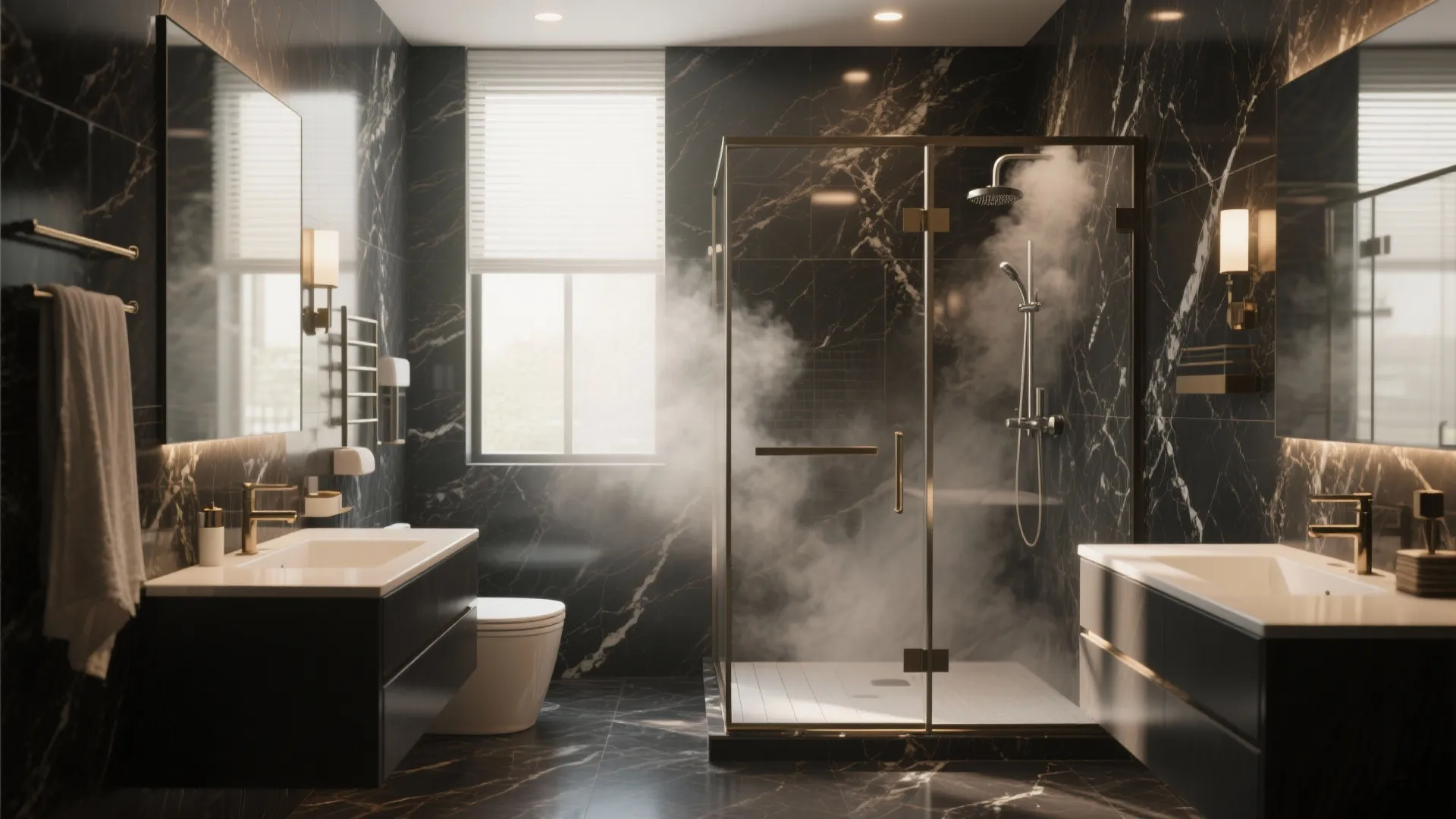 Luxury black marble bathroom with glass shower stall steam white sinks toilet and gold hardware